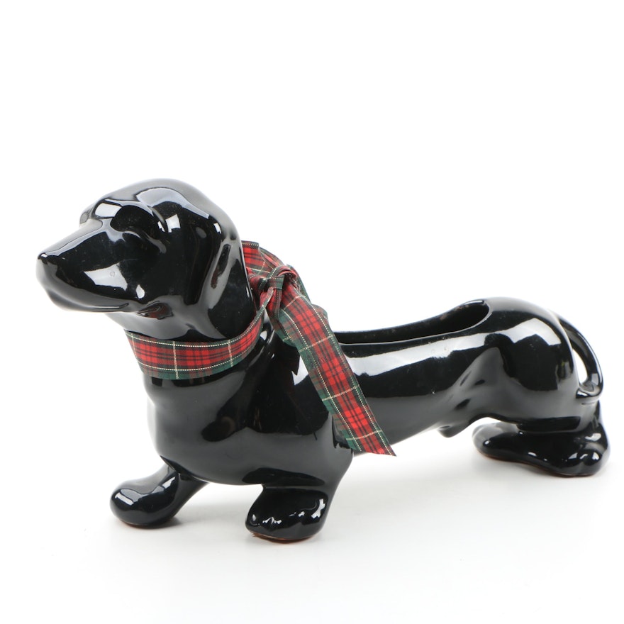 Glossy Black Ceramic Dachshund Planter