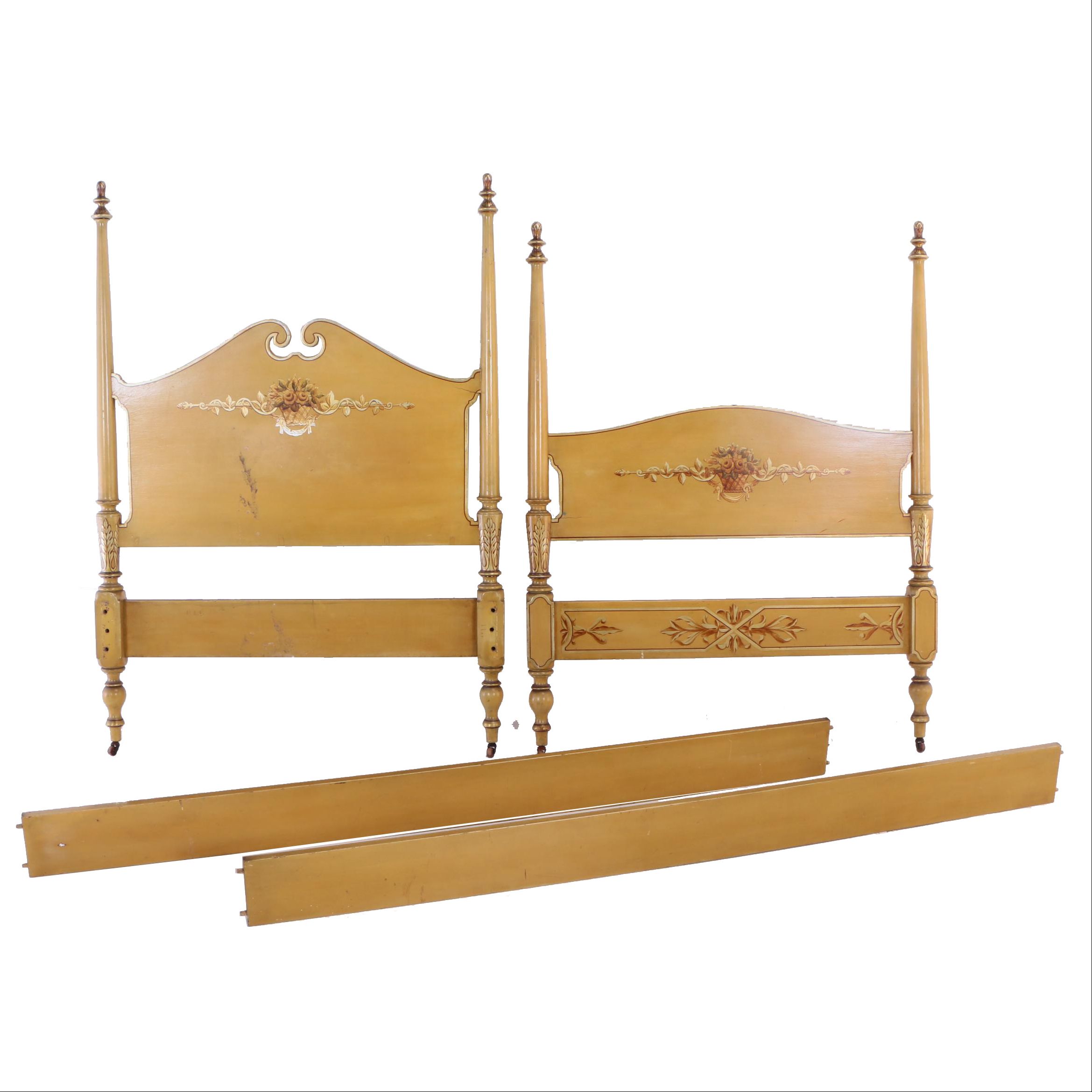 Paint-Decorated and Parcel-Gilt Four-Post Twin Size Bed Frame