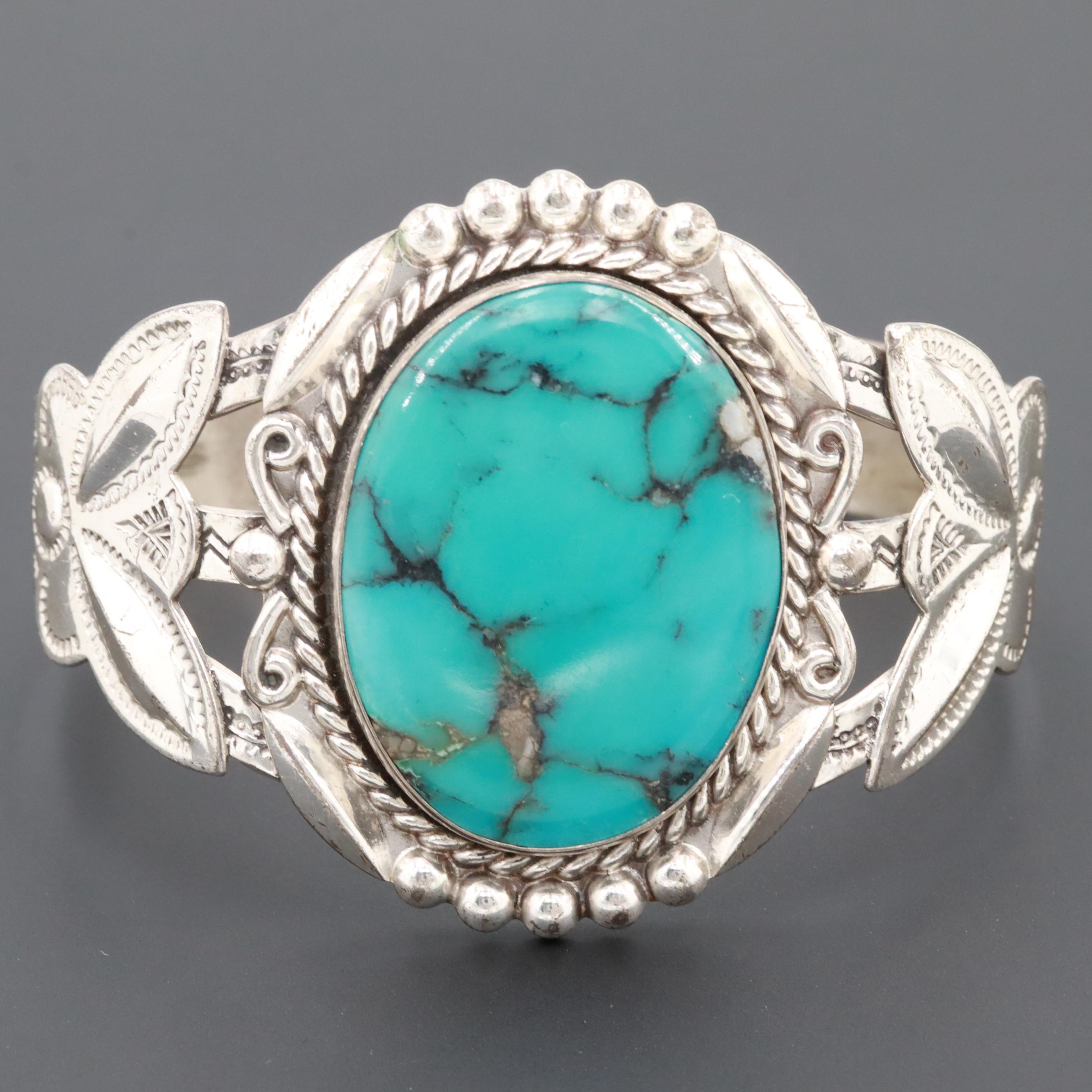 Southwestern Style Bell Trading Post Sterling Silver Turquoise Cuff Bracelet