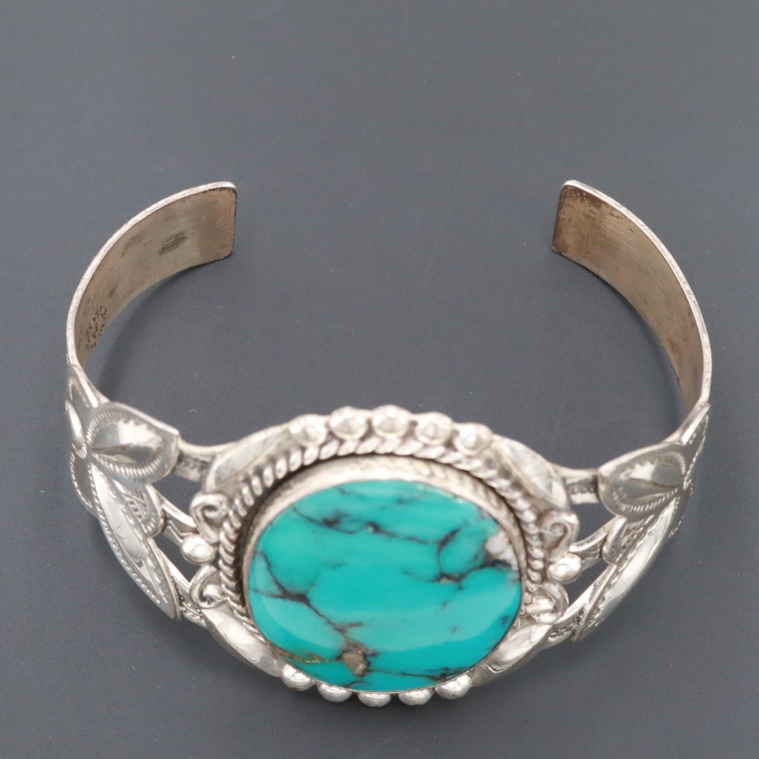 Southwestern Style Bell Trading Post Sterling Silver Turquoise Cuff Bracelet
