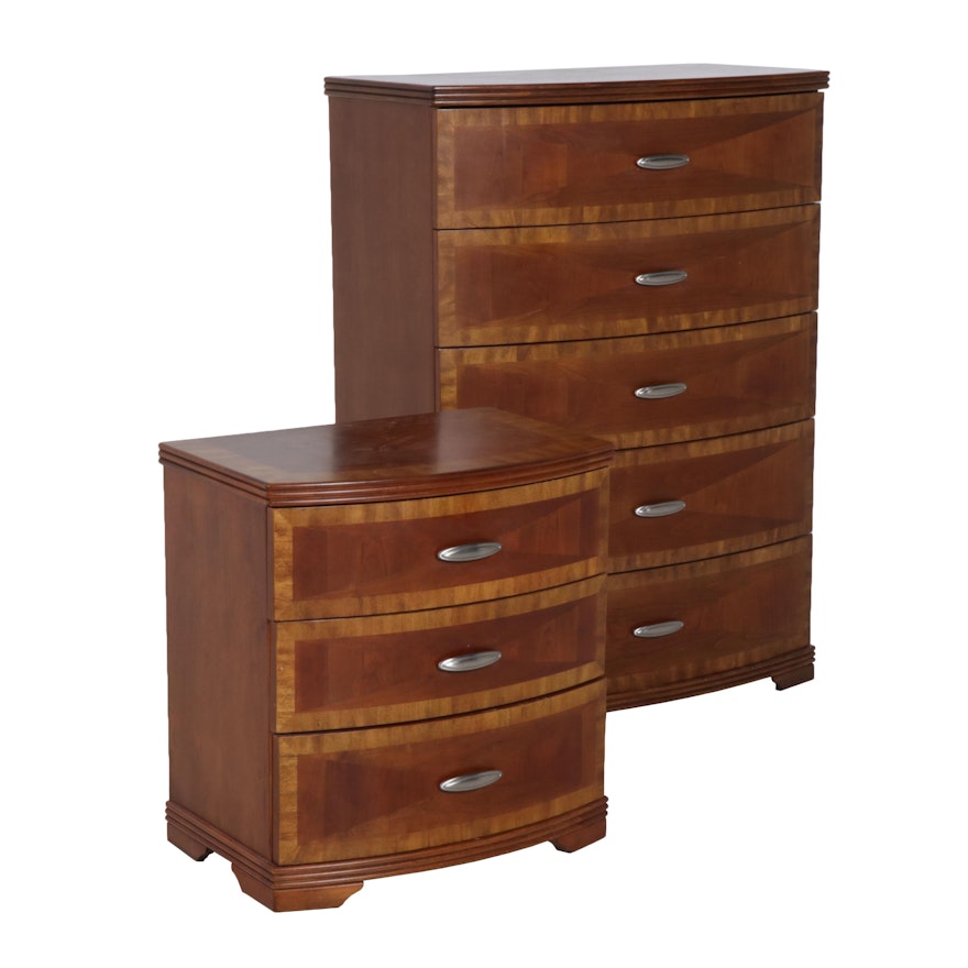 Contemporary Mahogany-Finish Wooden Chest of Drawers and Bedside Table