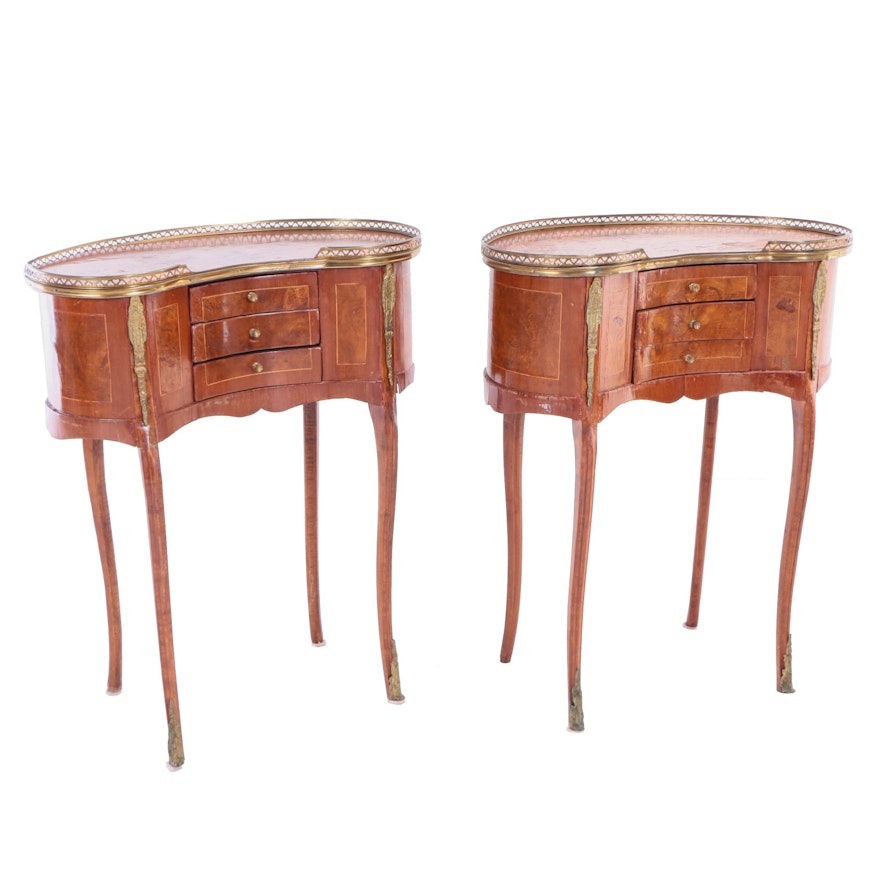 Pair of French Transitional Style Gilt-Metal Mounted & String-Inlaid Side Tables
