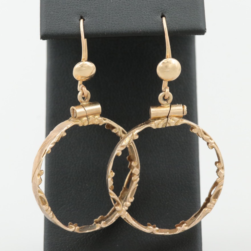 14K Yellow Gold Coin Bezel Dangle Hoop Earrings