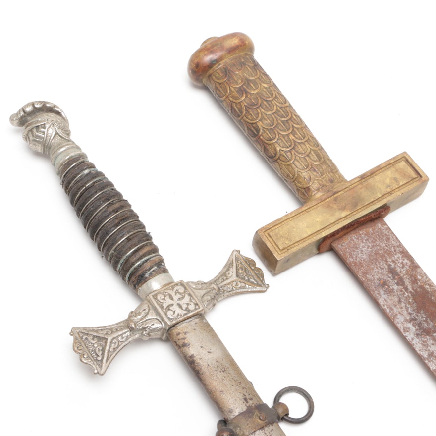 Fraternal Ceremonial Swords, One with Metal Scabbard, Mid-Century