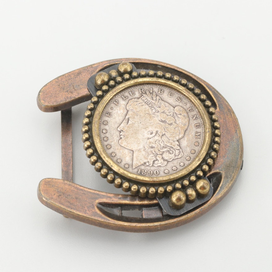 Southwestern Style Horseshoe Belt Buckle with 1890 Morgan Silver Dollar