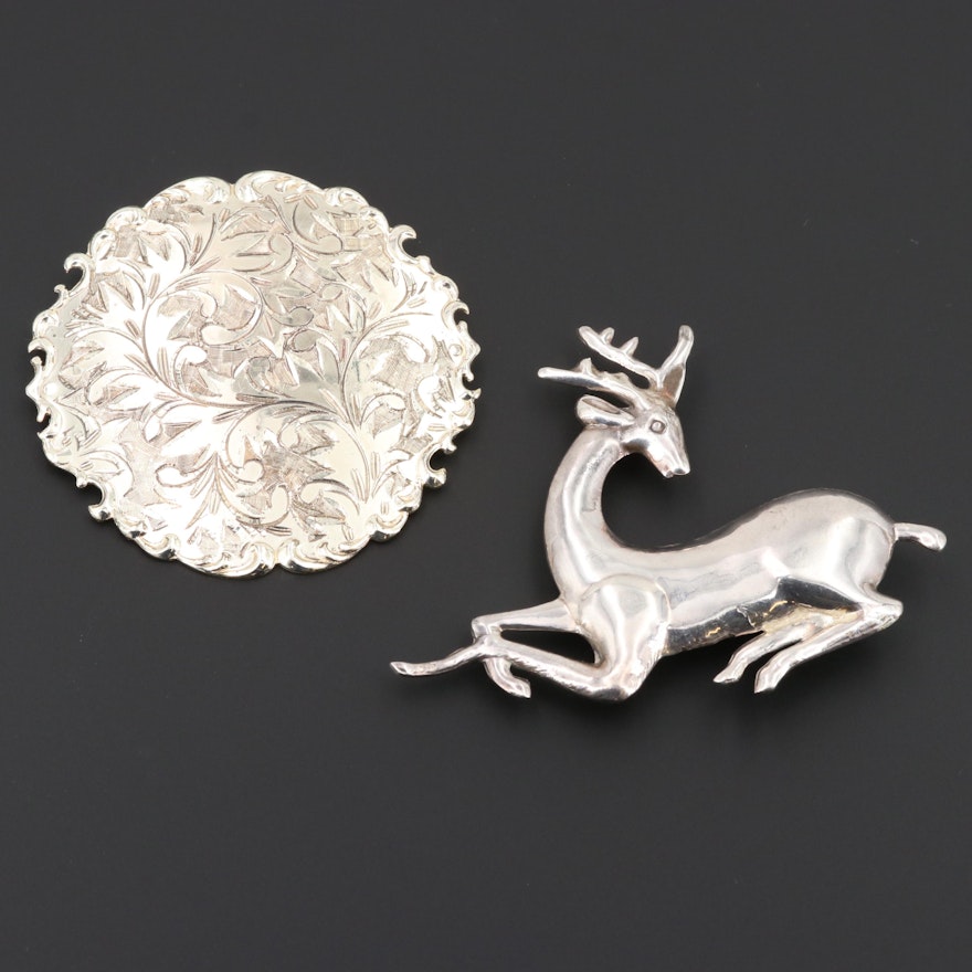 Sterling Silver Stag and Ornamental Brooches