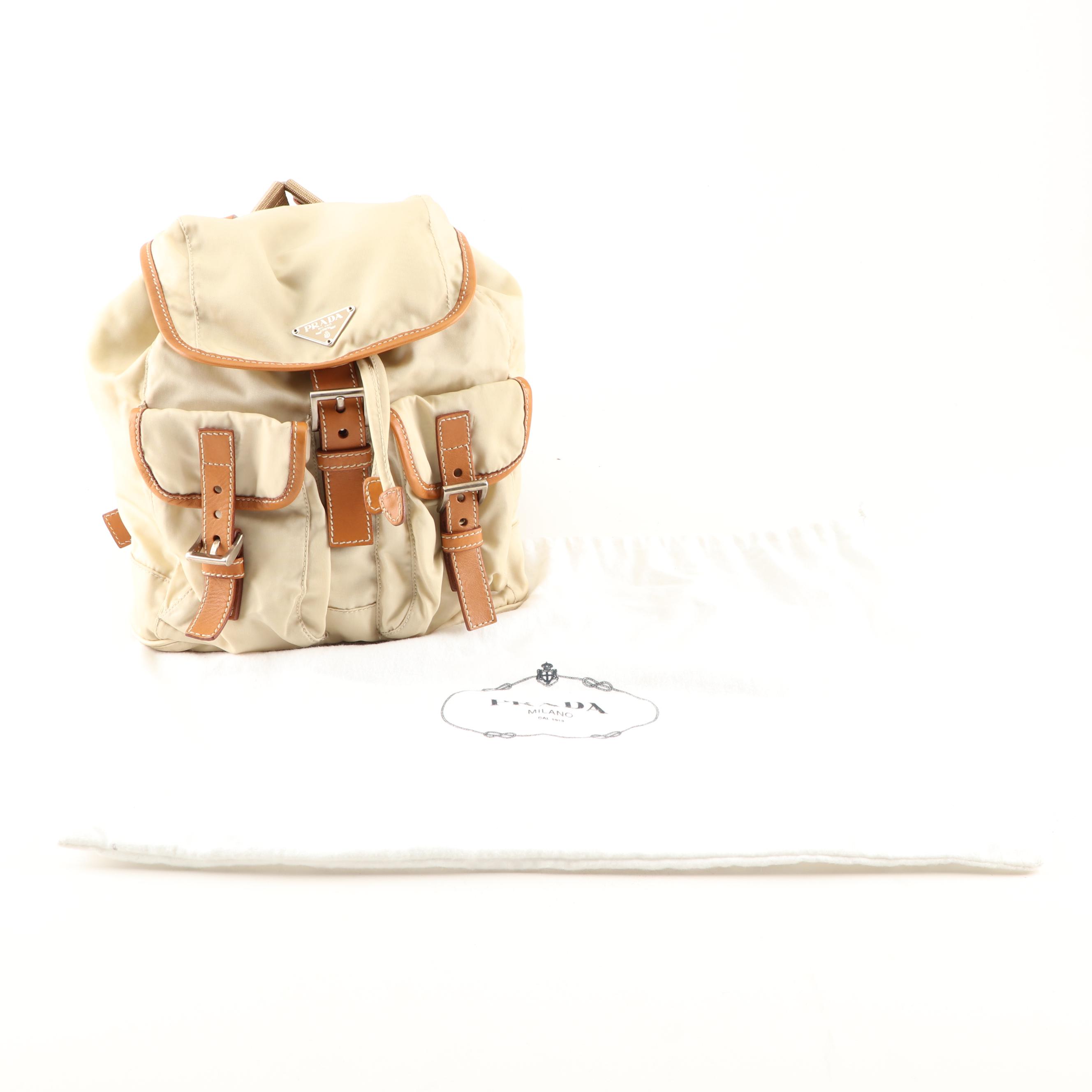 Prada Nylon and Leather Backpack in Cream and Tan Leather