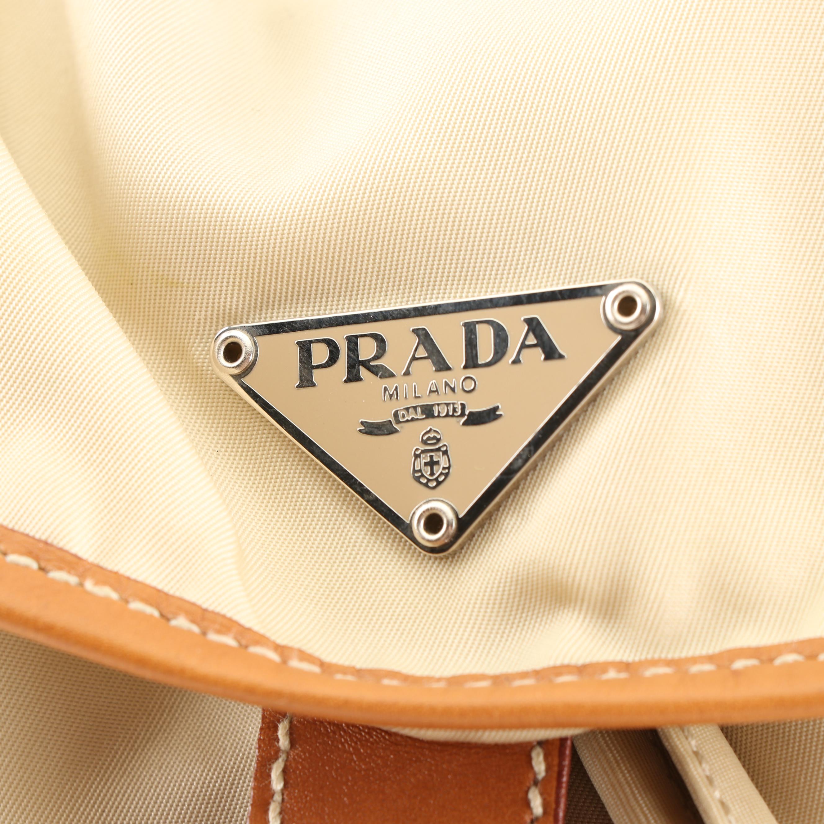 Prada Nylon and Leather Backpack in Cream and Tan Leather
