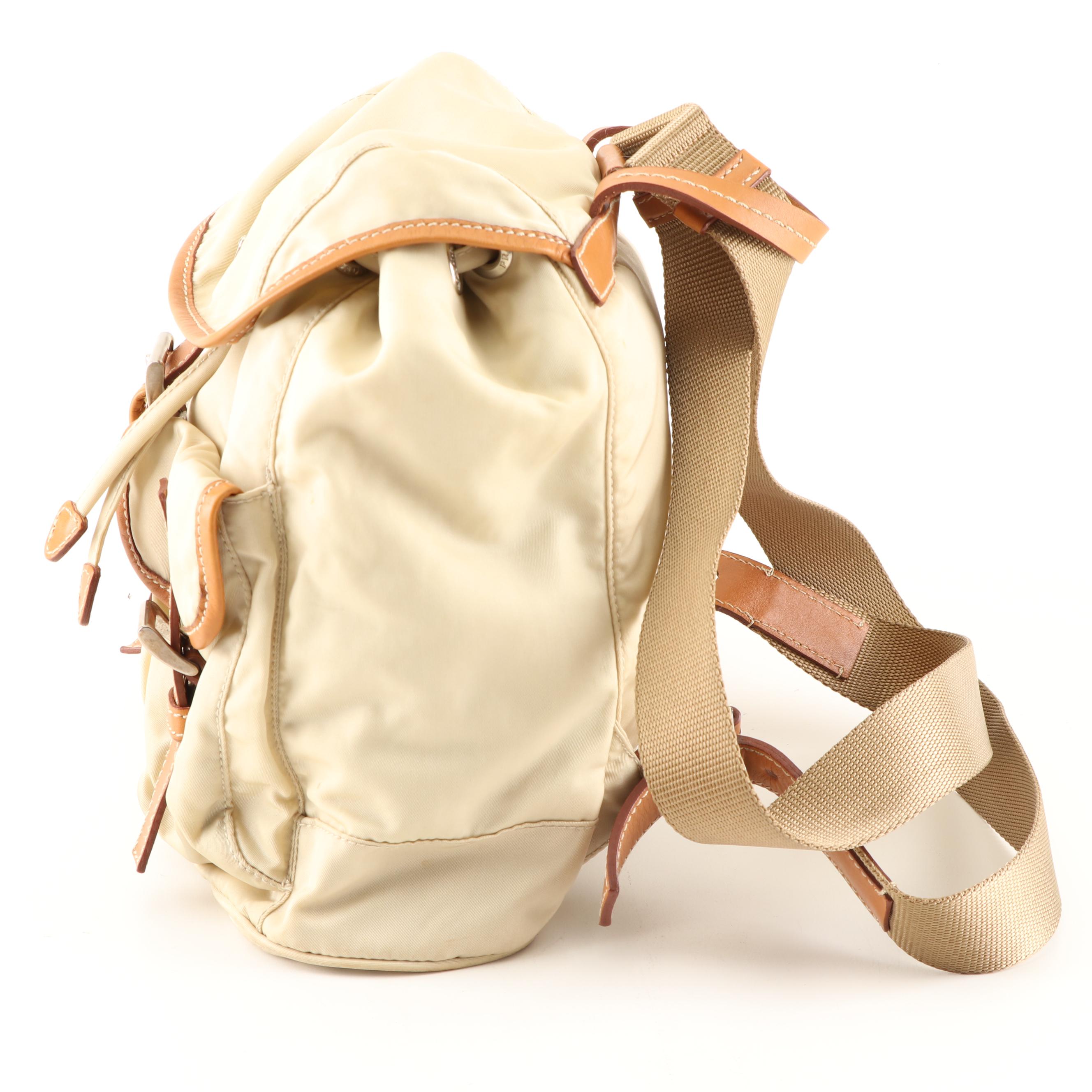 Prada Nylon and Leather Backpack in Cream and Tan Leather
