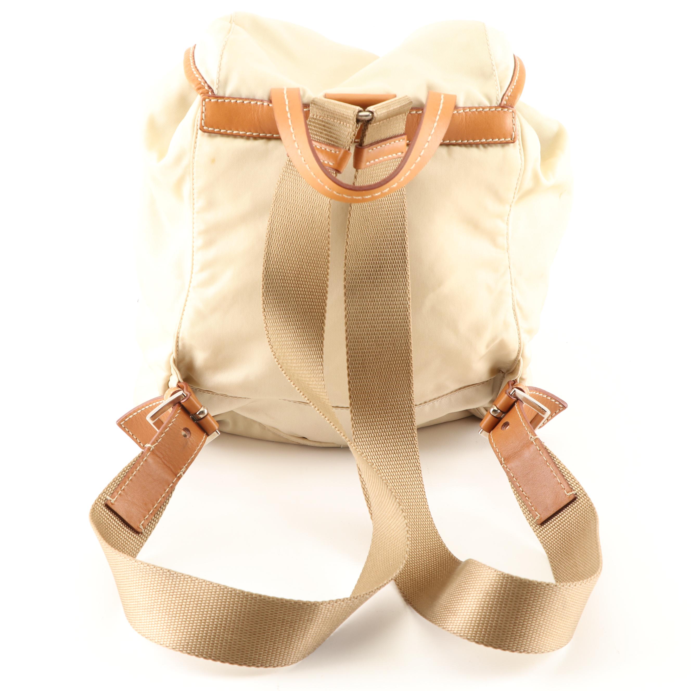 Prada Nylon and Leather Backpack in Cream and Tan Leather