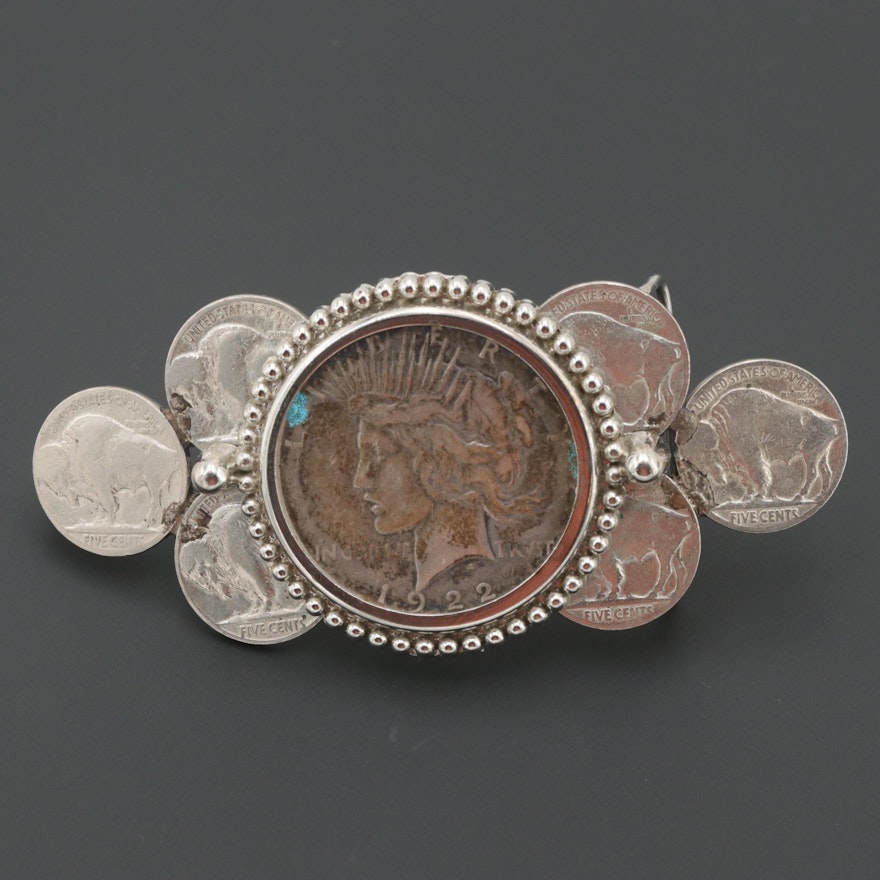 Southwestern Belt Buckle with 1922 Peace Silver Dollar and Buffalo Nickels