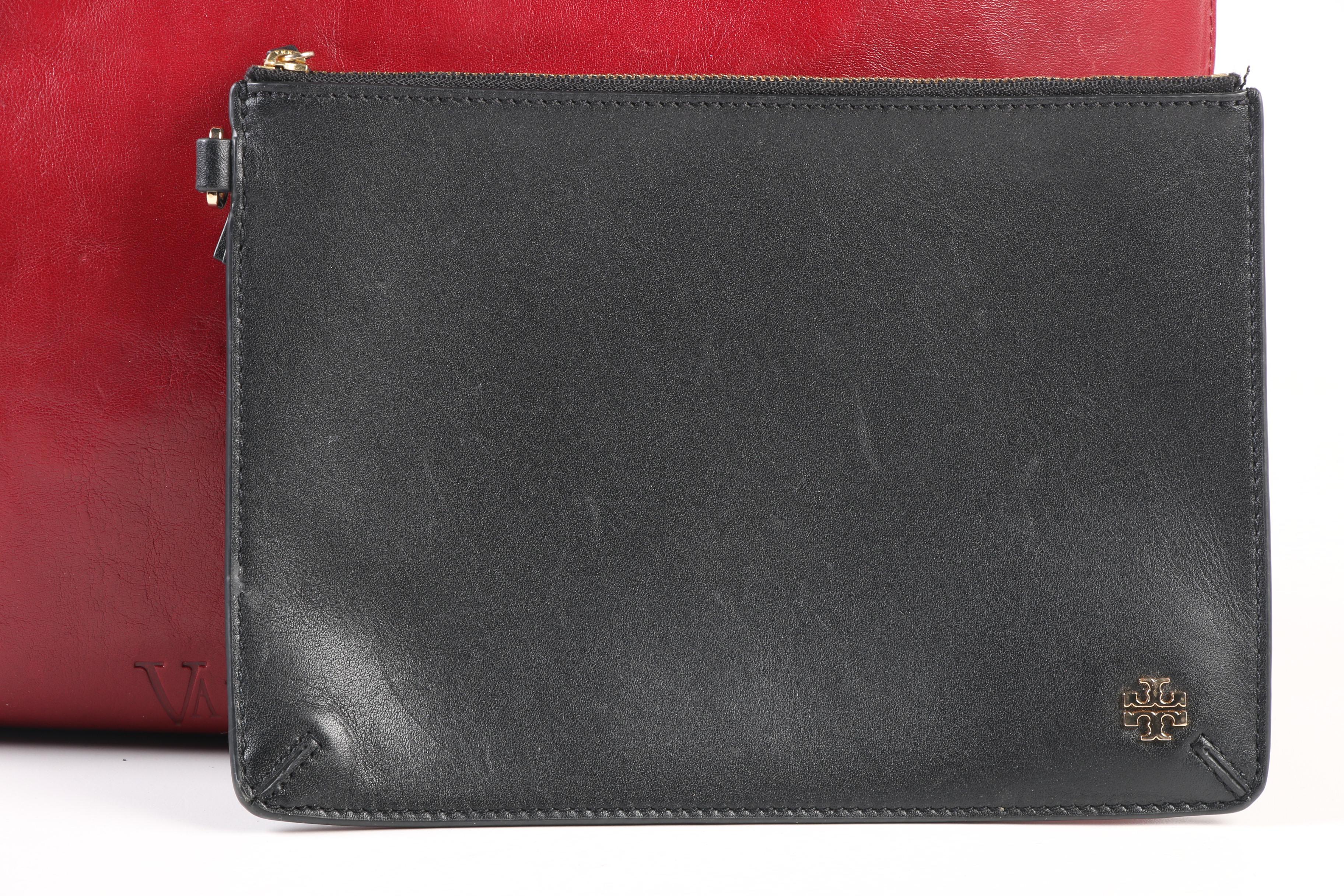 Valentina Red Leather Tote with Tory Burch Black Leather Zipper Pouch