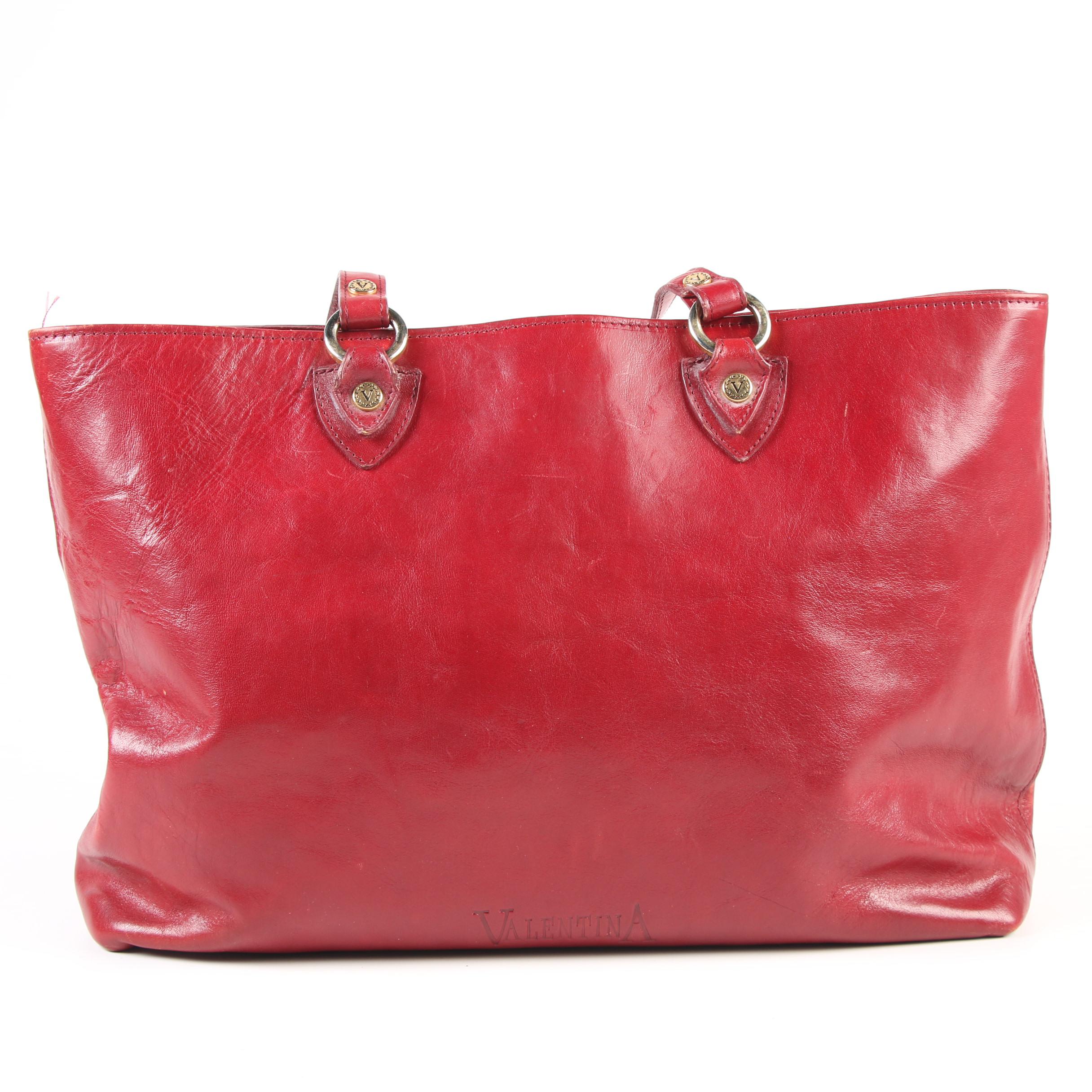 Valentina Red Leather Tote with Tory Burch Black Leather Zipper Pouch