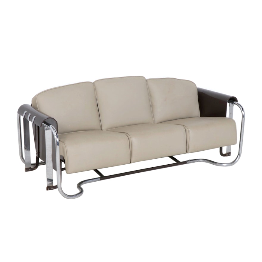 Contemporary Faux Leather Glider Sofa on Chrome Frame