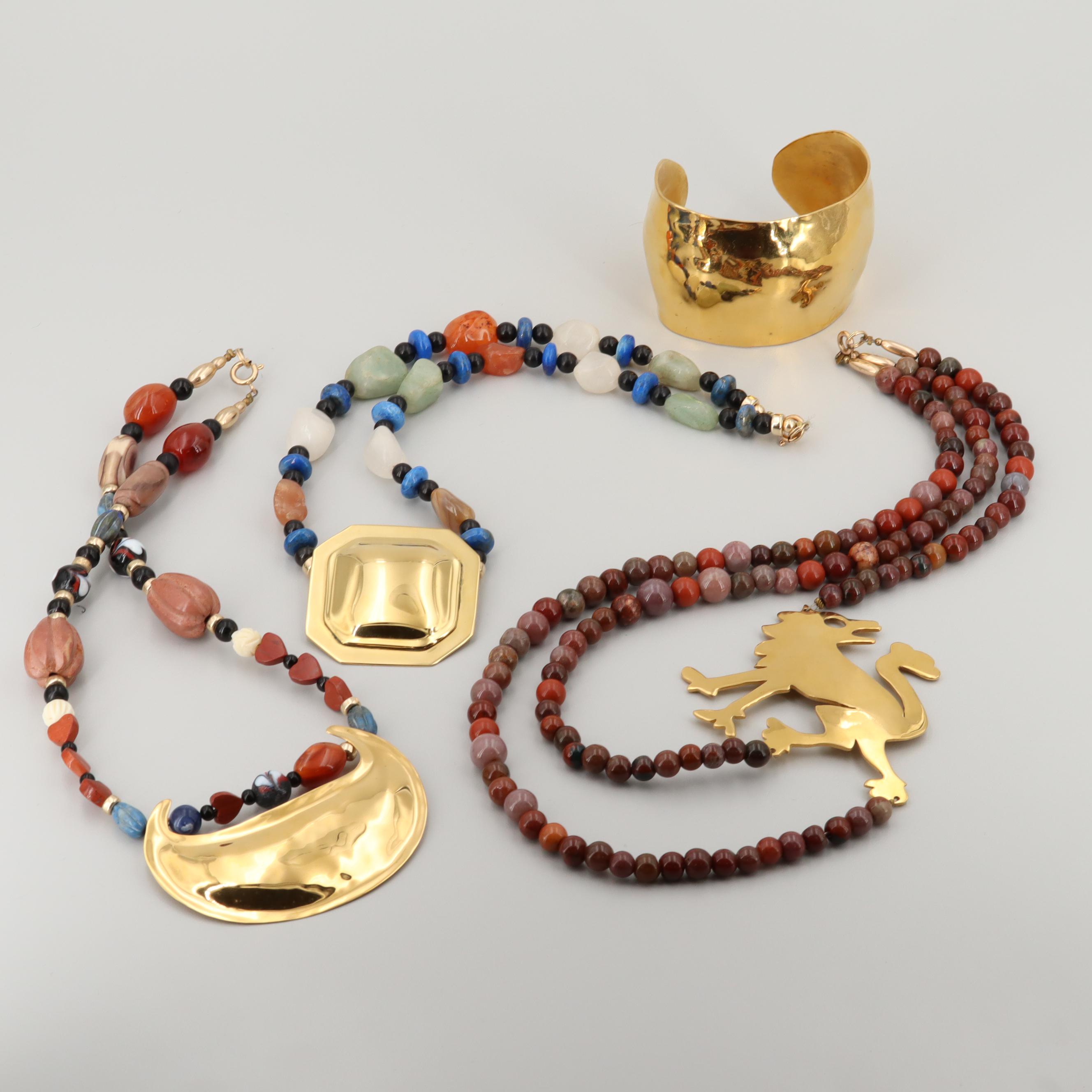 Sutton Hoo Gold Tone Jasper, Agate and Quartz Necklaces and Cuff Bracelet
