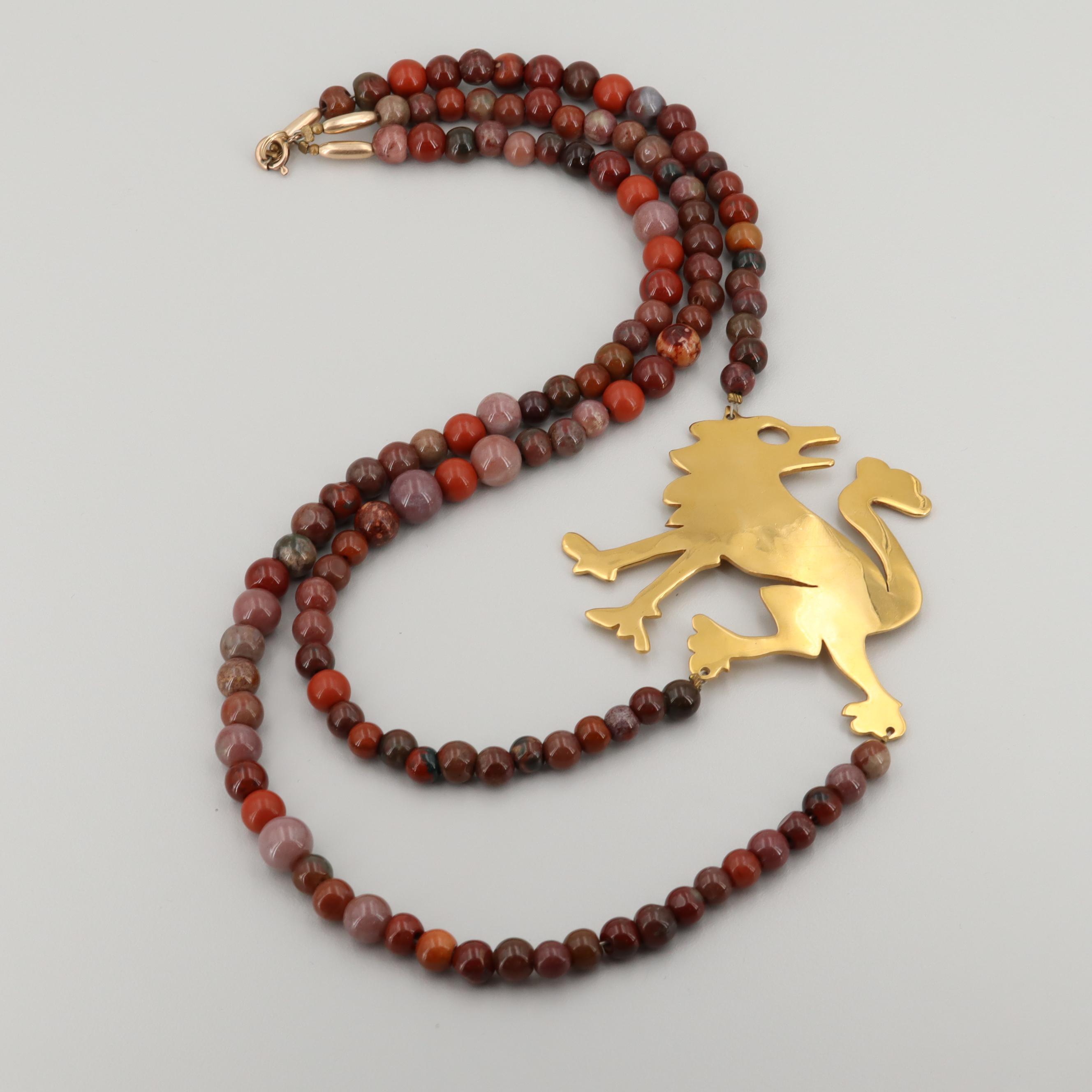 Sutton Hoo Gold Tone Jasper, Agate and Quartz Necklaces and Cuff Bracelet