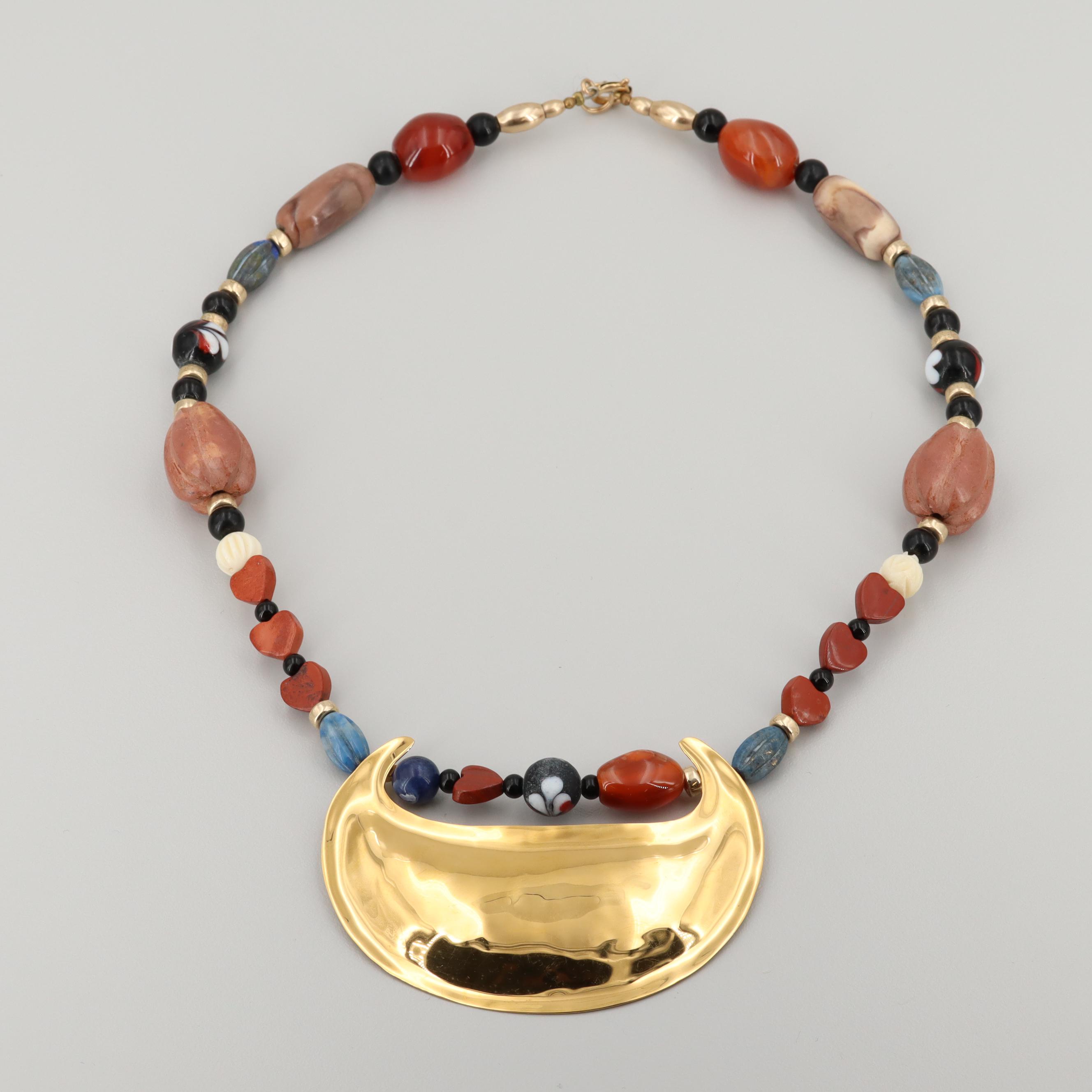 Sutton Hoo Gold Tone Jasper, Agate and Quartz Necklaces and Cuff Bracelet