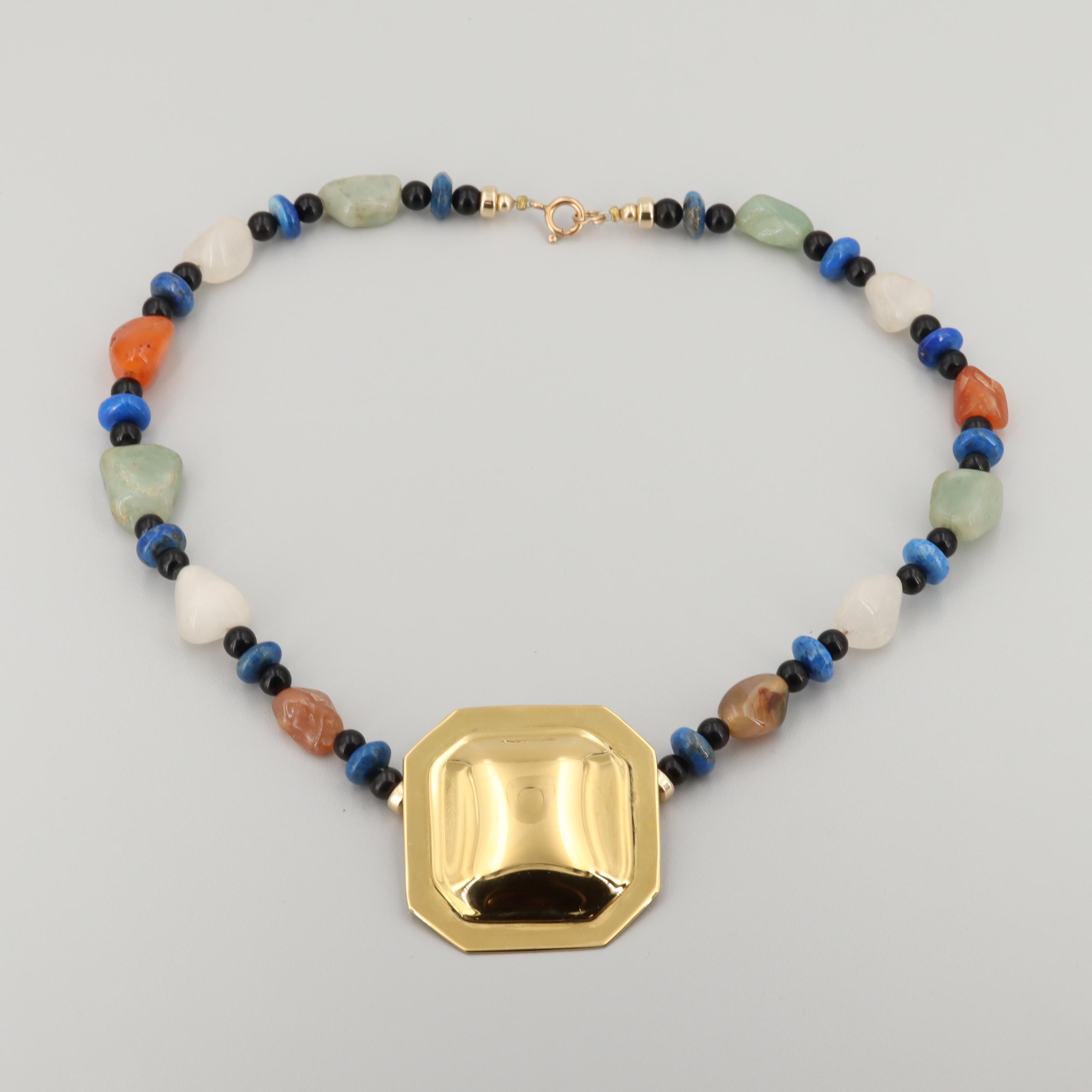Sutton Hoo Gold Tone Jasper, Agate and Quartz Necklaces and Cuff Bracelet