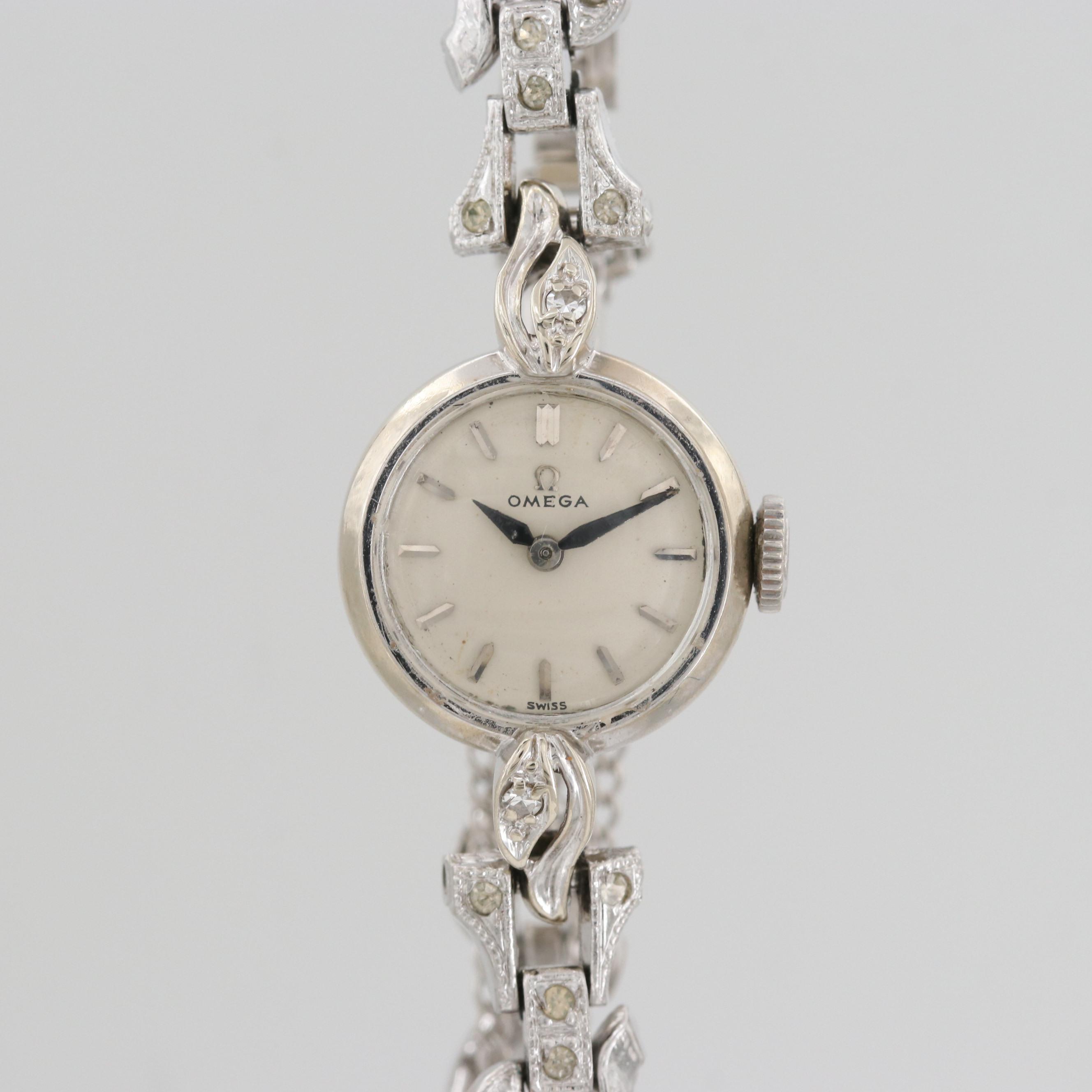 Vintage Omega 14K White Gold Stem Wind Watch With Diamond Lugs
