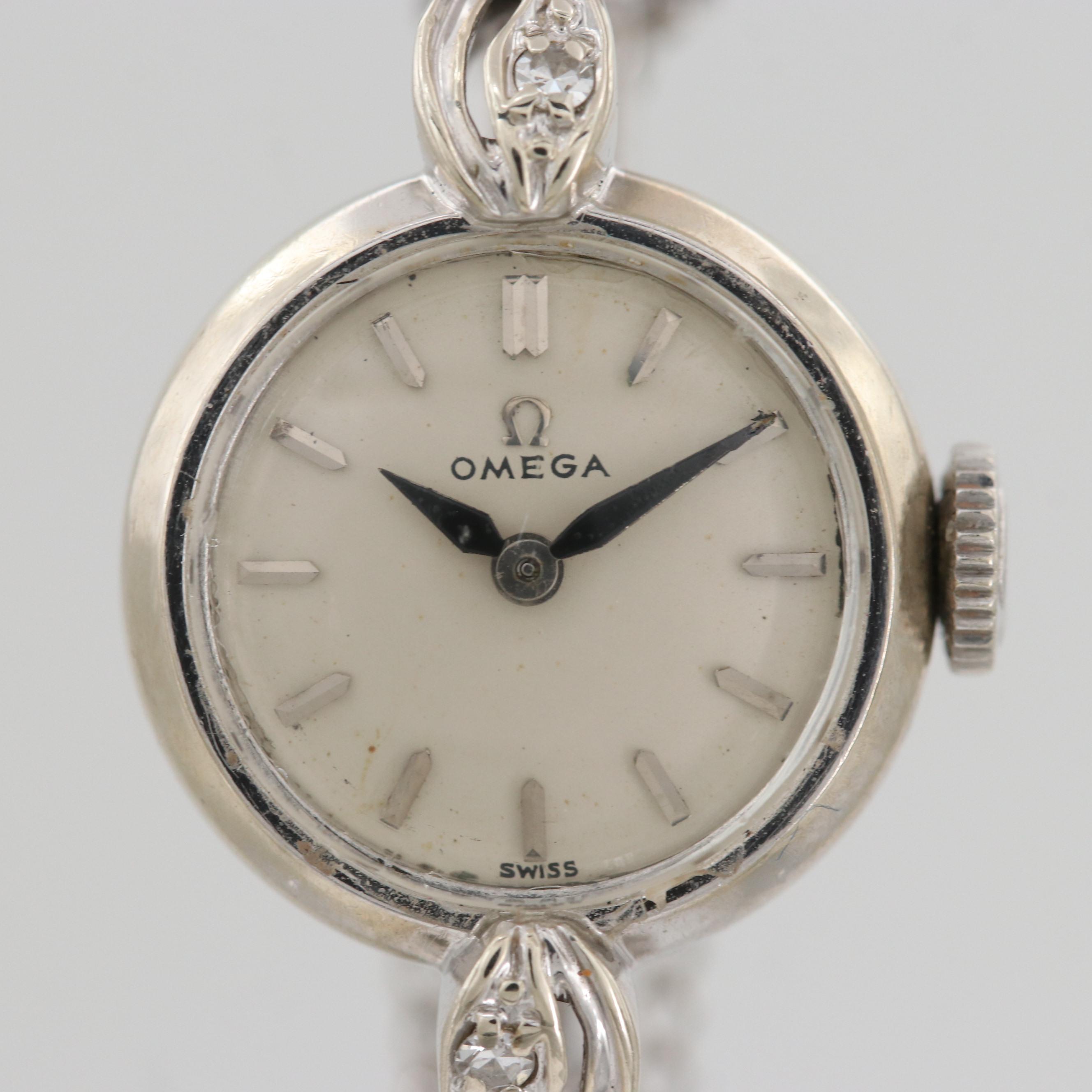 Vintage Omega 14K White Gold Stem Wind Watch With Diamond Lugs