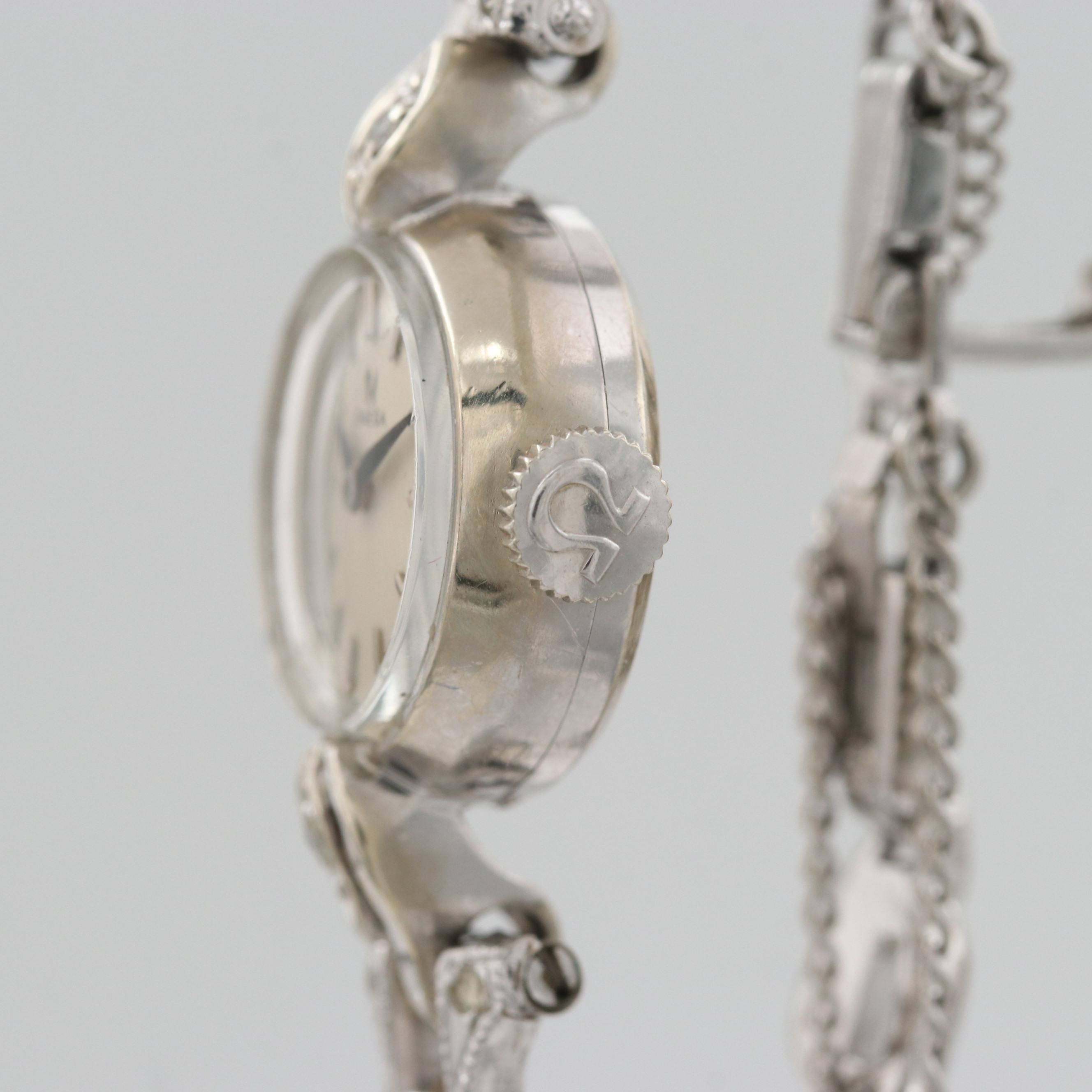 Vintage Omega 14K White Gold Stem Wind Watch With Diamond Lugs