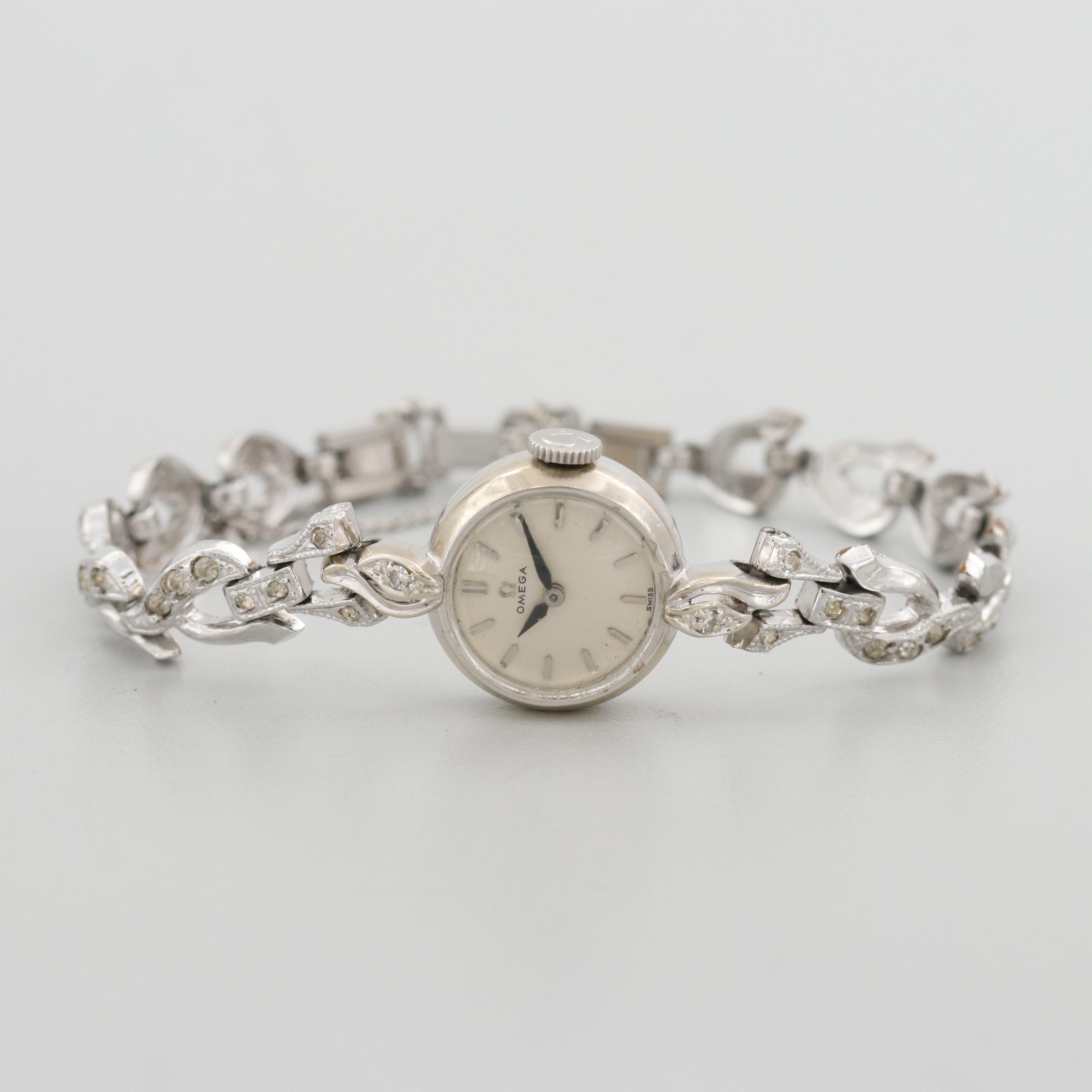 Vintage Omega 14K White Gold Stem Wind Watch With Diamond Lugs