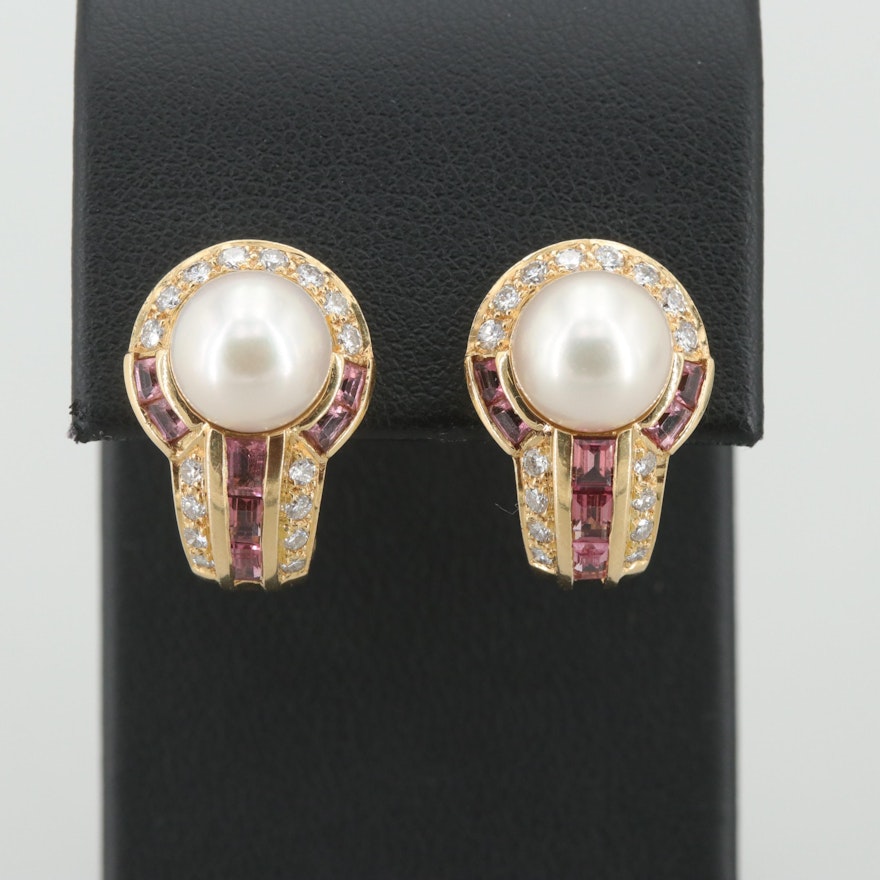 18K Yellow Gold Cultured Pearl, Pink Tourmaline and Diamond Drop Earrings