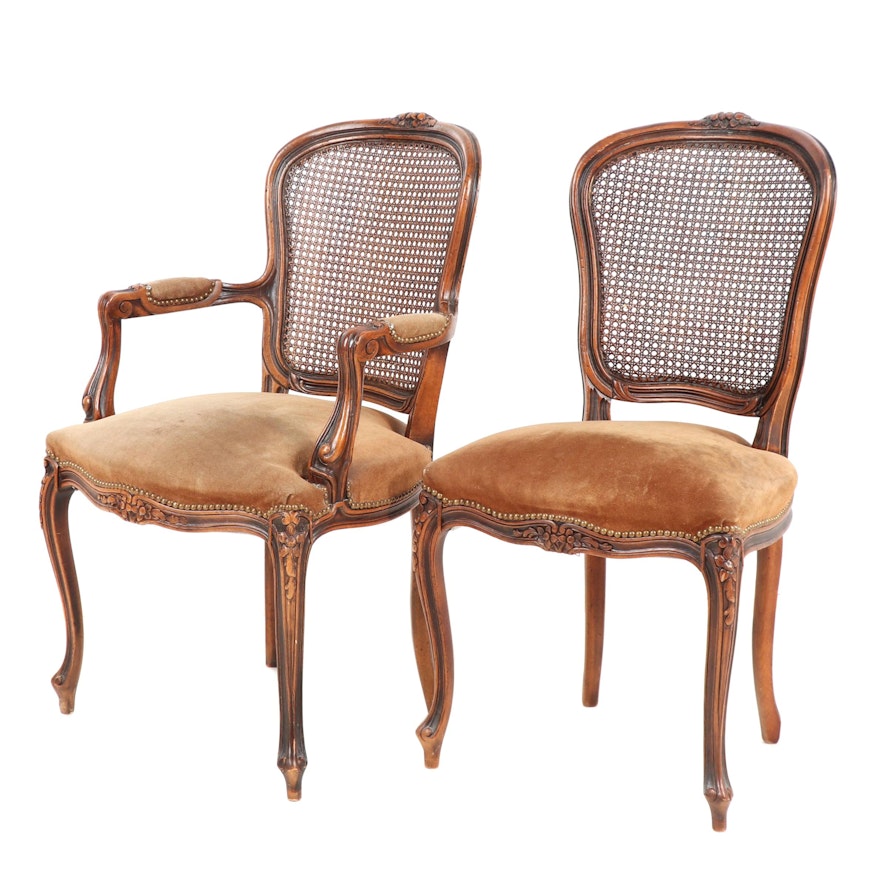 Pair of Caneback Suede Upholstered Chairs, Mid 20th Century