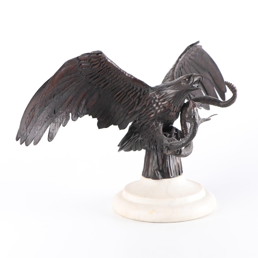 1980s Bronze Sculpture of Eagle and Snake