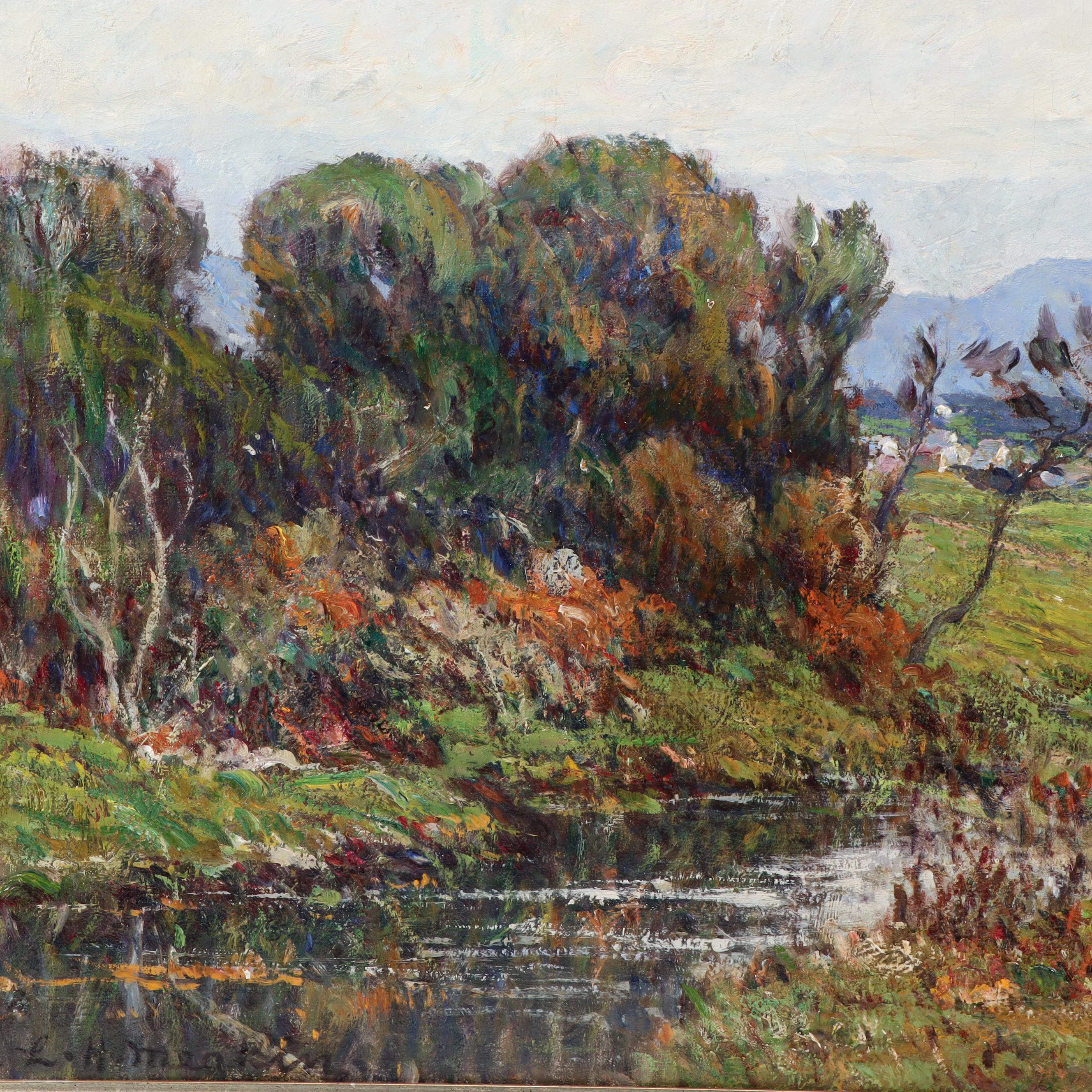 Lewis Henry Meakin Oil Painting of Landscape with Distant Town