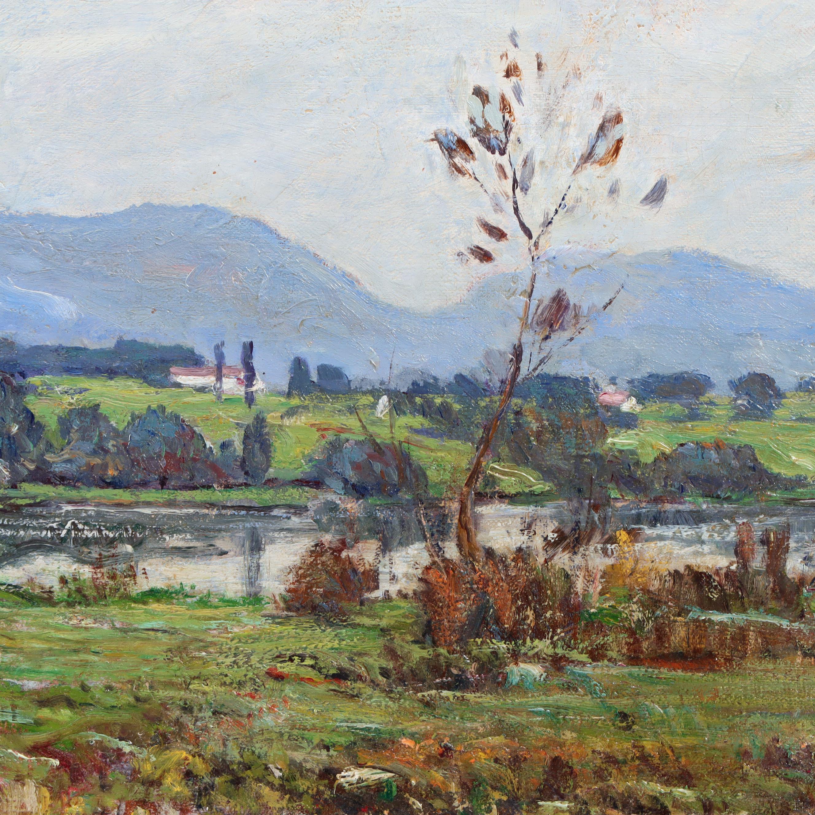 Lewis Henry Meakin Oil Painting of Landscape with Distant Town