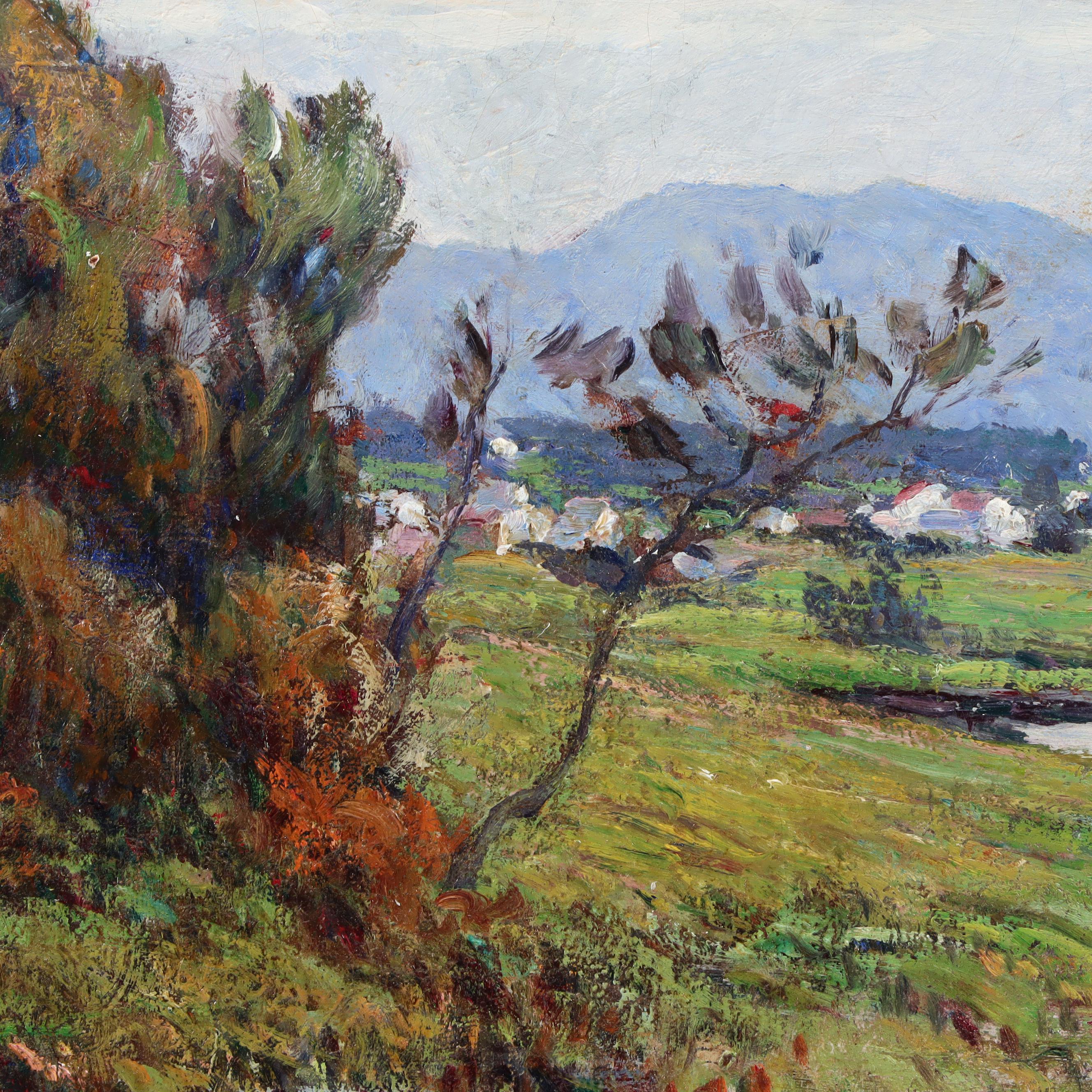 Lewis Henry Meakin Oil Painting of Landscape with Distant Town