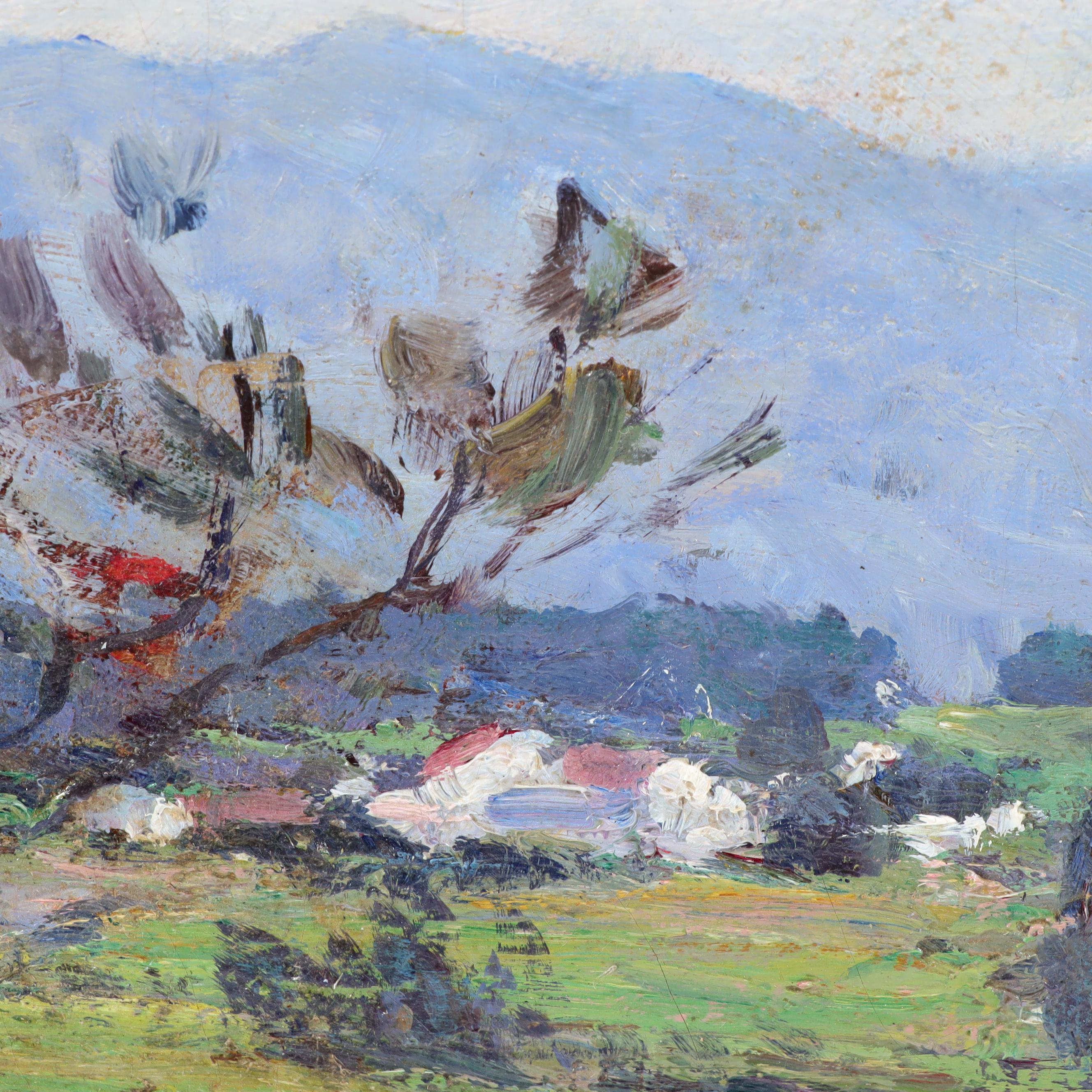 Lewis Henry Meakin Oil Painting of Landscape with Distant Town