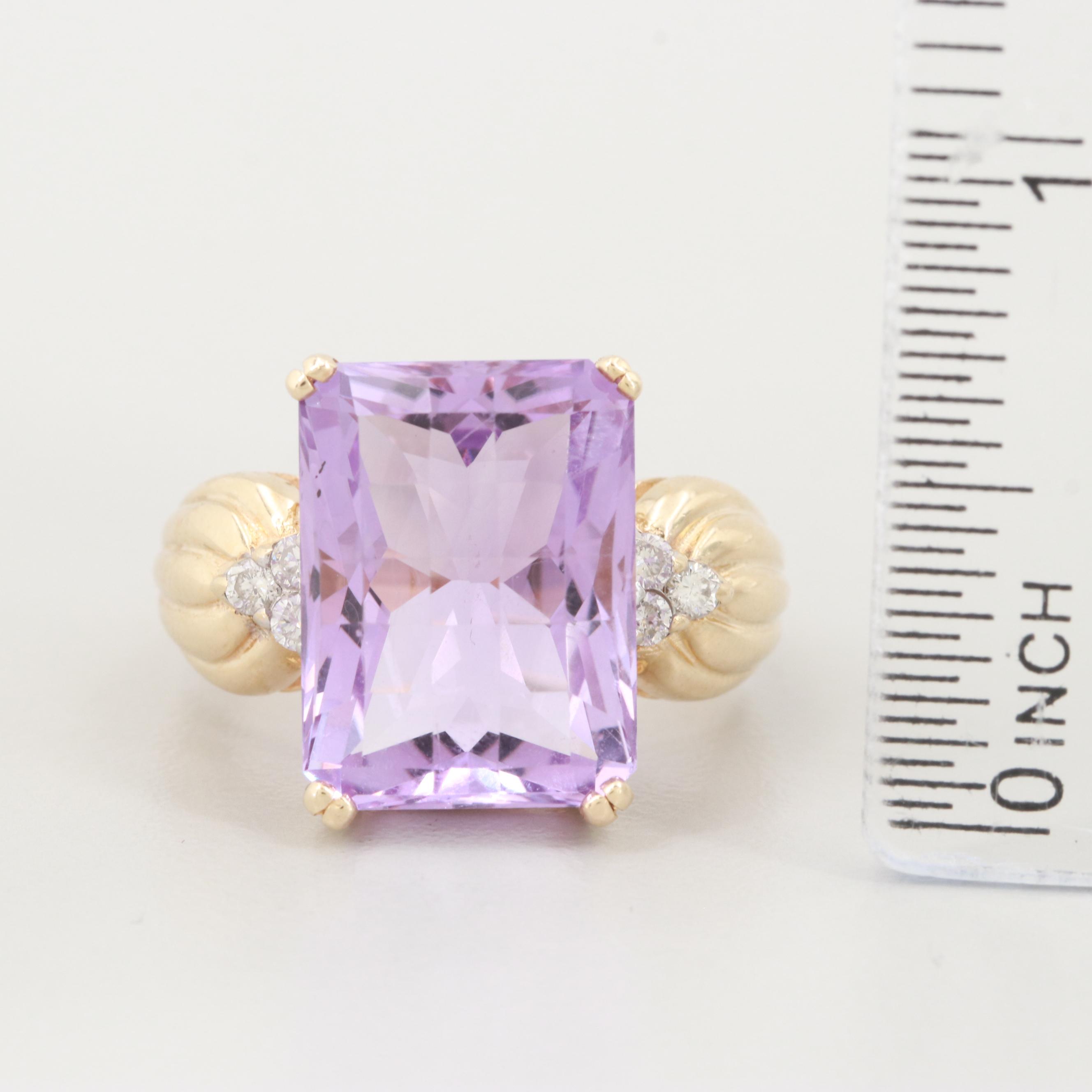 14K Yellow Gold Amethyst and Diamond Ring