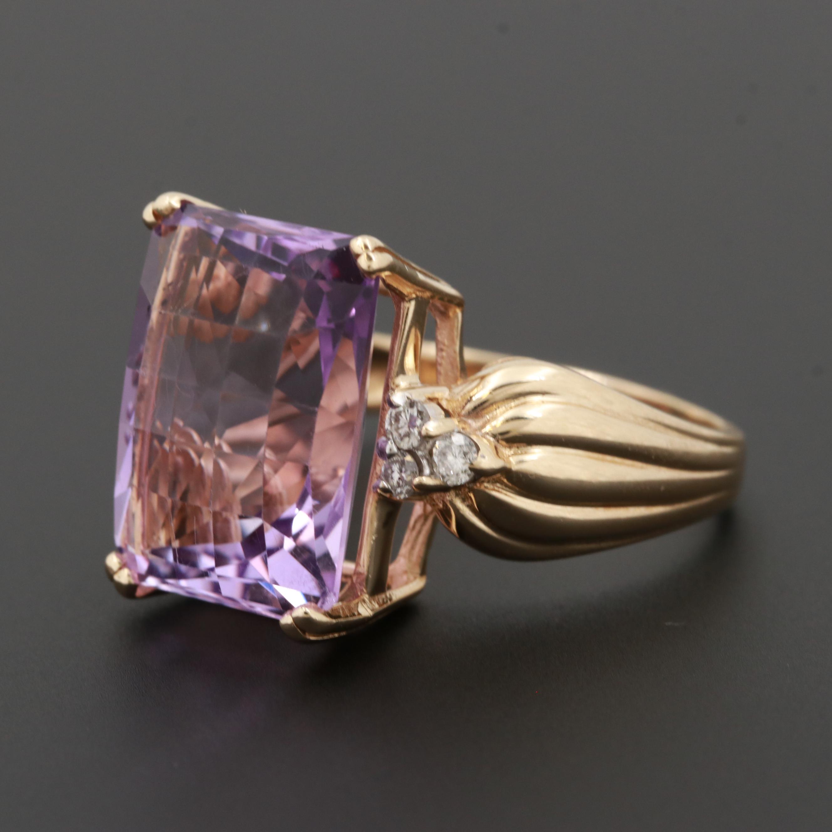 14K Yellow Gold Amethyst and Diamond Ring