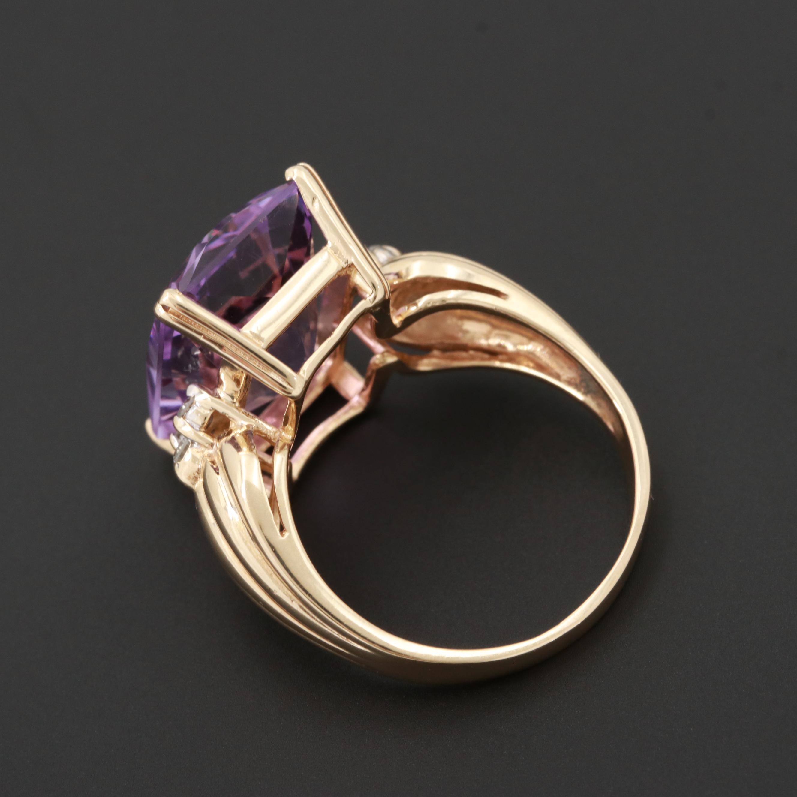 14K Yellow Gold Amethyst and Diamond Ring