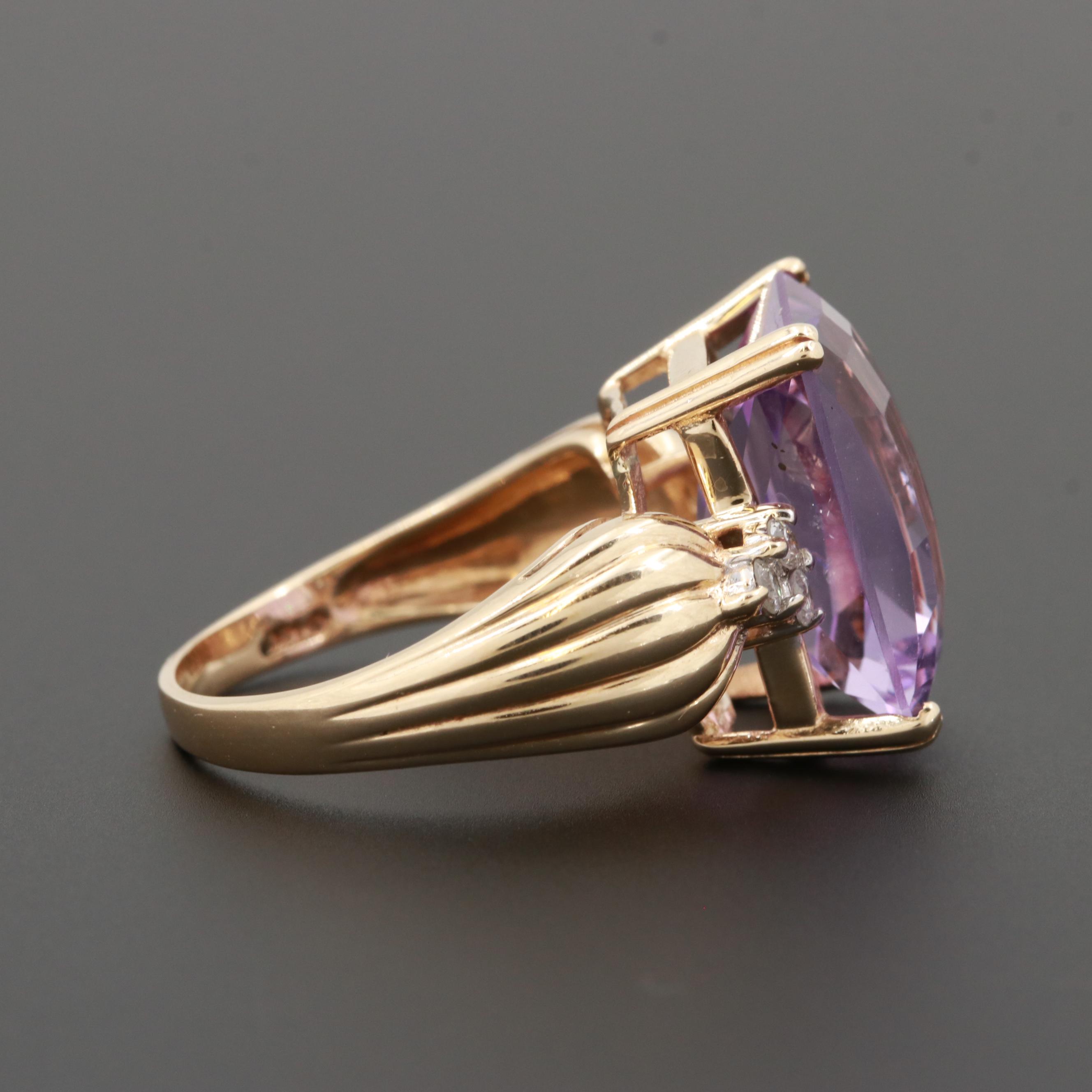 14K Yellow Gold Amethyst and Diamond Ring