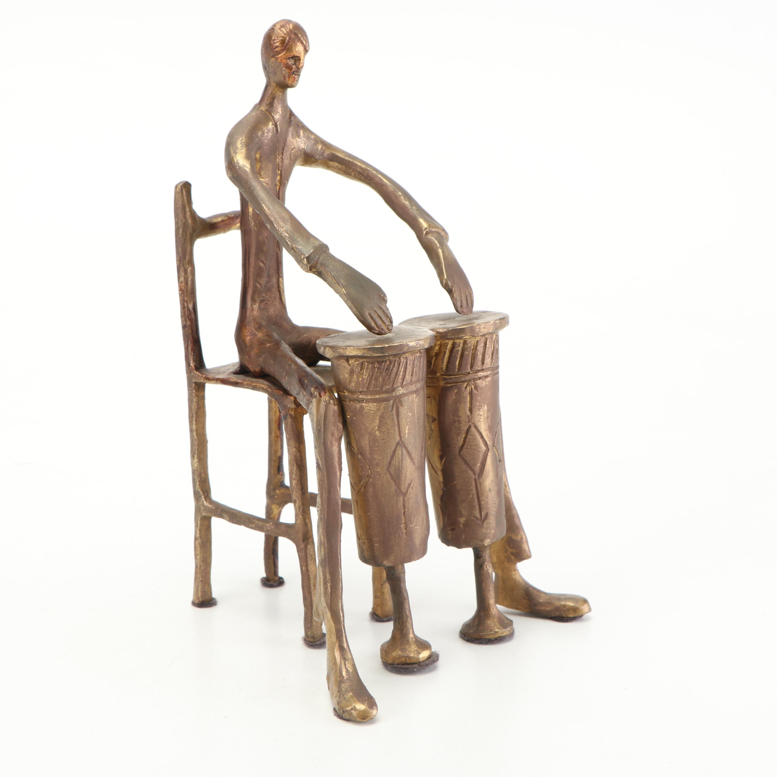 Modernist Style Figural Conga Player Brass Sculpture