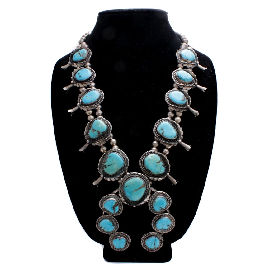 Sterling Silver and Dyed Turquoise Squash Blossom Necklace