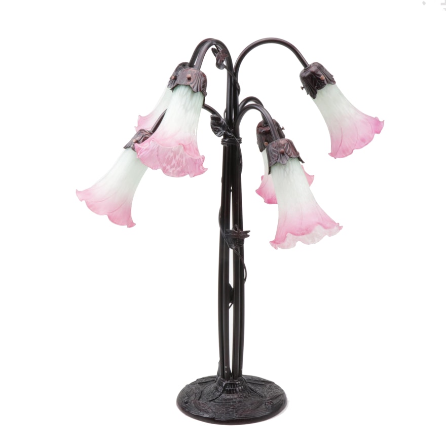 Cast Metal Dragonfly Pattern Six Light Table Lamp with Glass Lily Shades