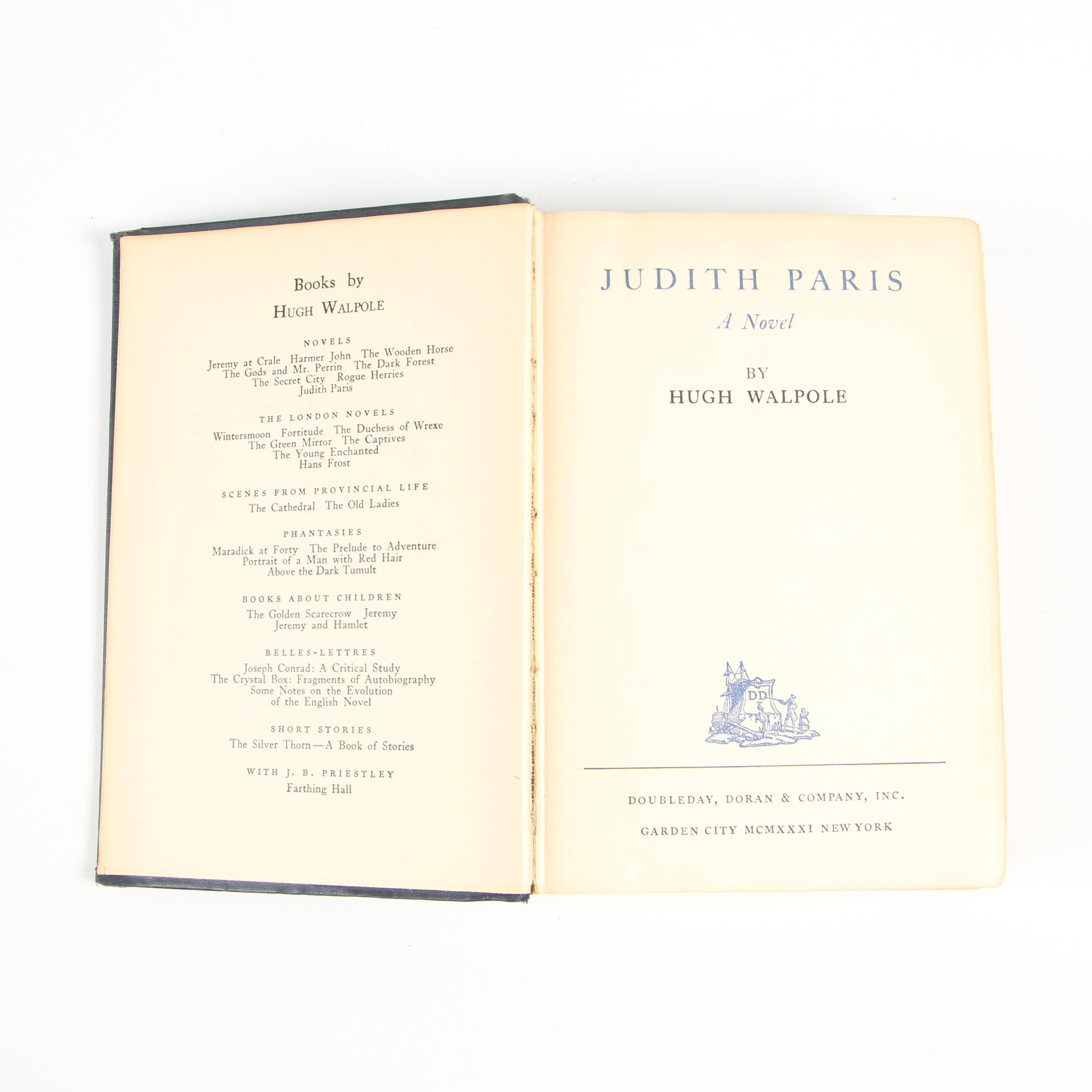 First Edition "Judith Paris" and "Vanessa" by Hugh Walpole, 1931 and 1933