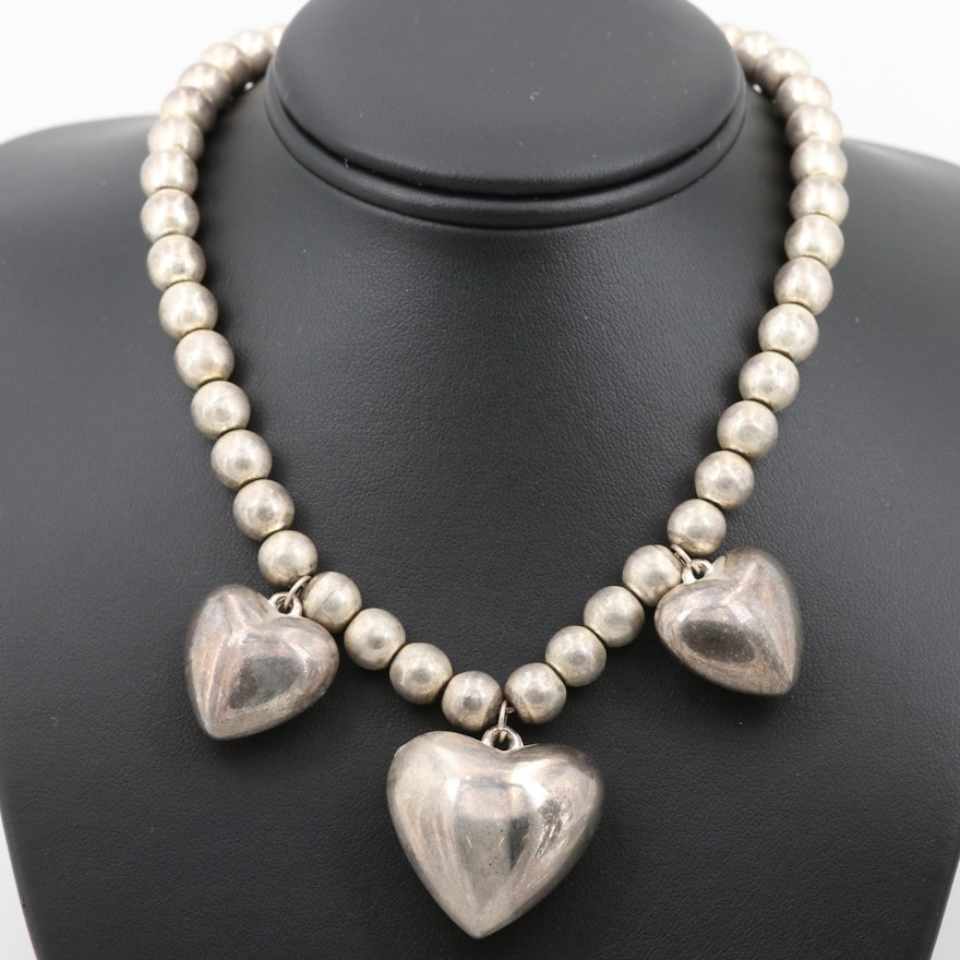 Silver Tone Heart Beaded Necklace