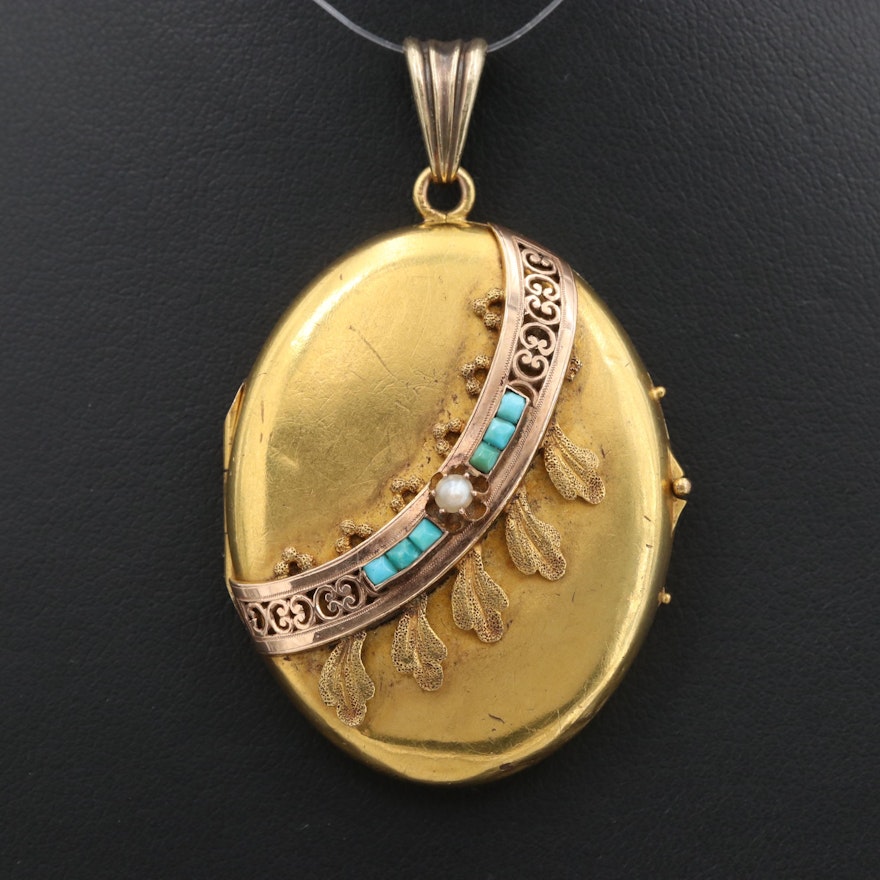 Mid Victorian 14K Yellow and Rose Gold Cultured Pearl and Turquoise Locket