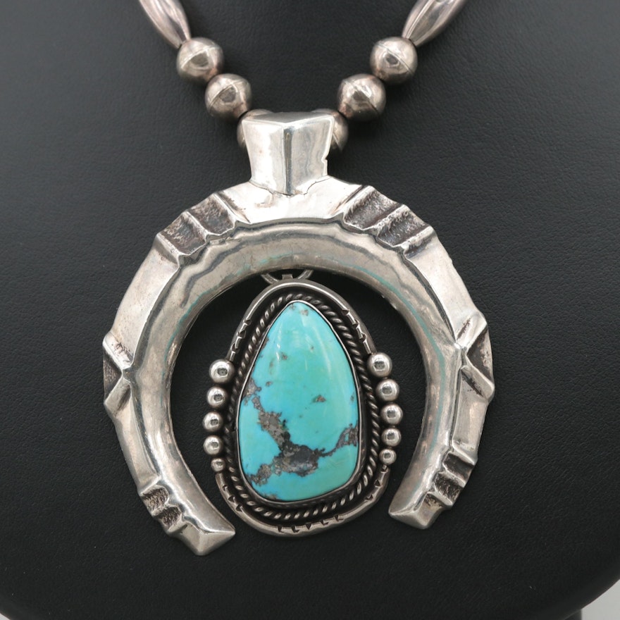 Southwestern Style Sterling Naja Turquoise Enhancer Pendant on Beaded Necklace