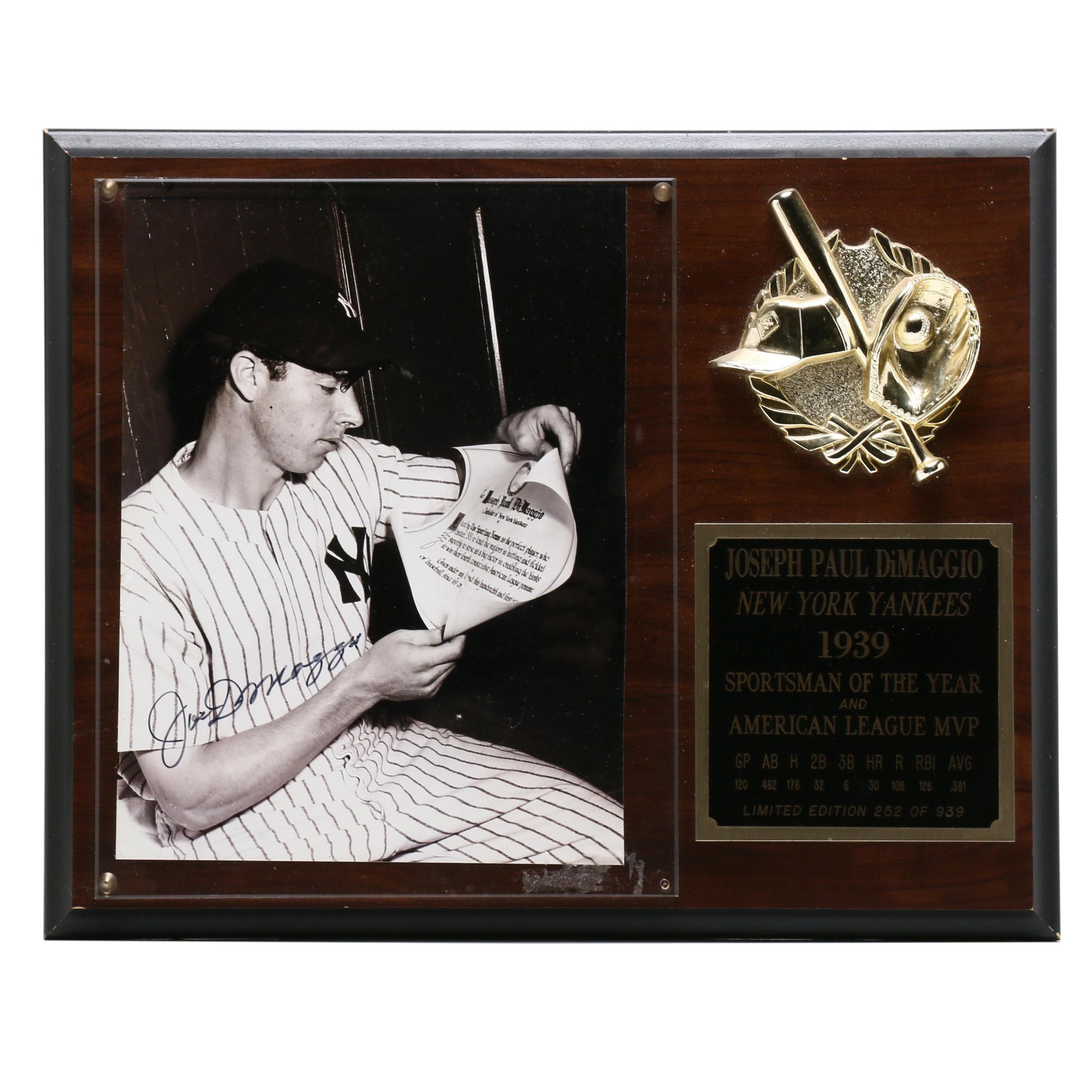 Joe DiMaggio New York Yankees Signed Baseball Photo Plaque Visual COA