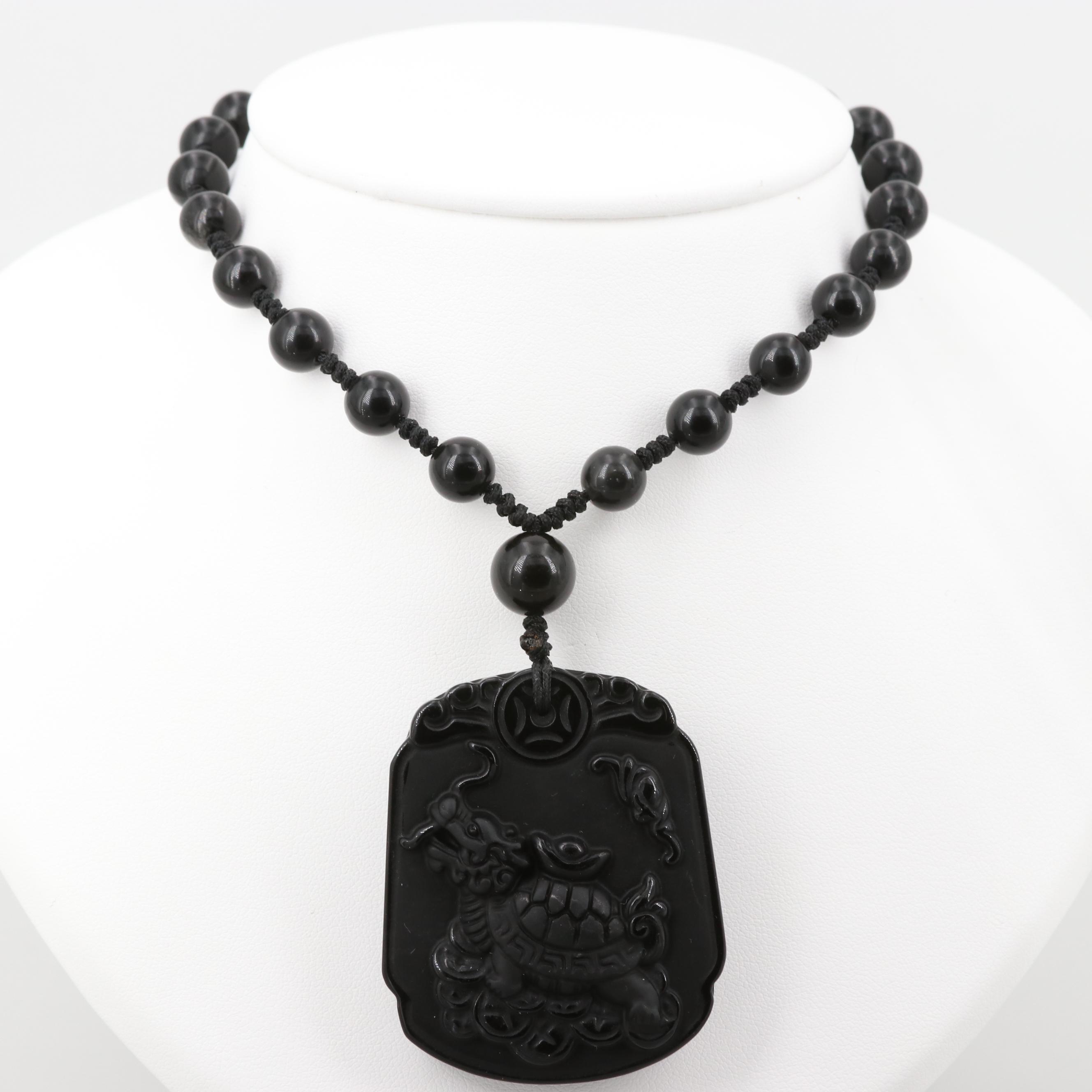 Chinese Carved Obsidian Dragon Turtle Beaded Necklace