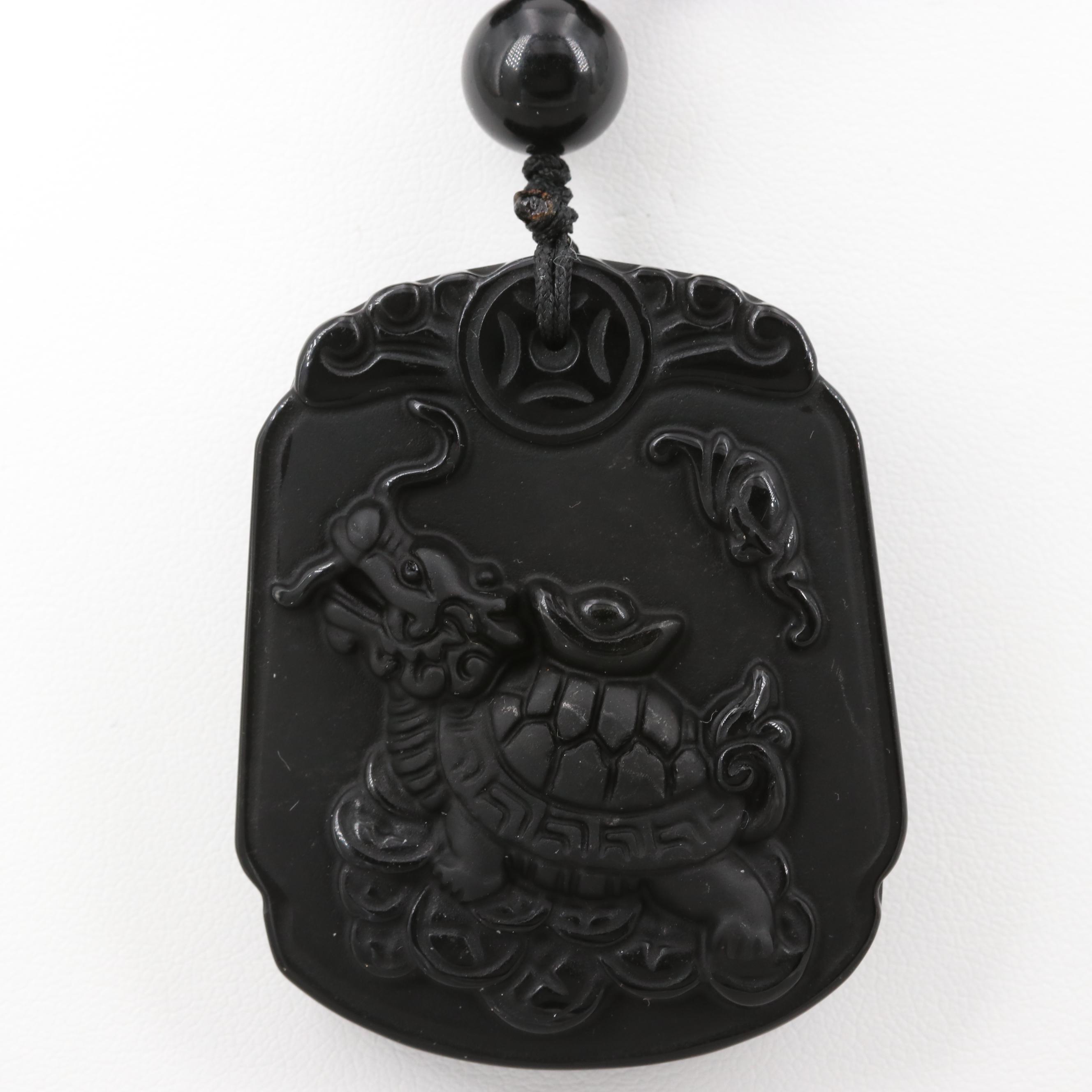 Chinese Carved Obsidian Dragon Turtle Beaded Necklace