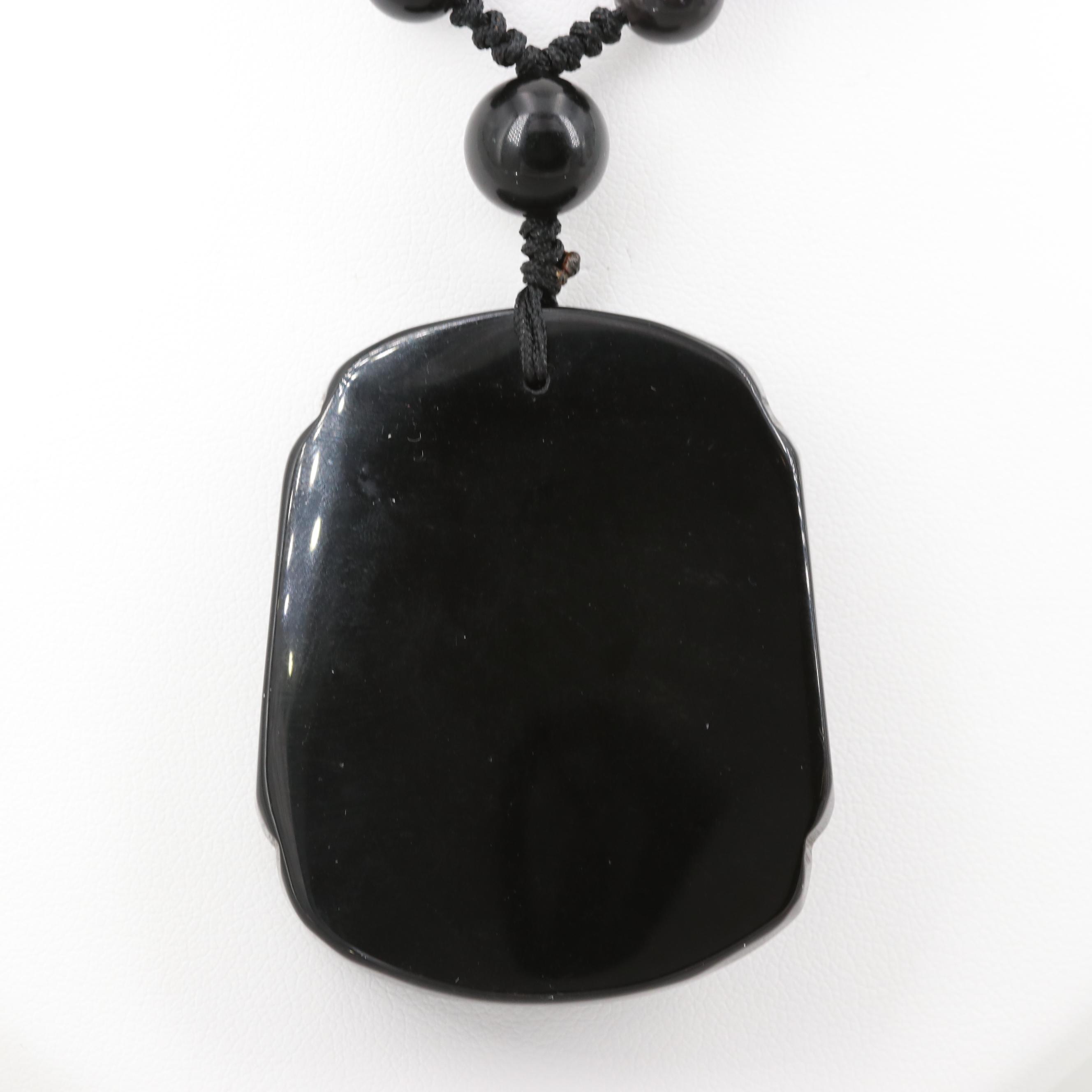 Chinese Carved Obsidian Dragon Turtle Beaded Necklace