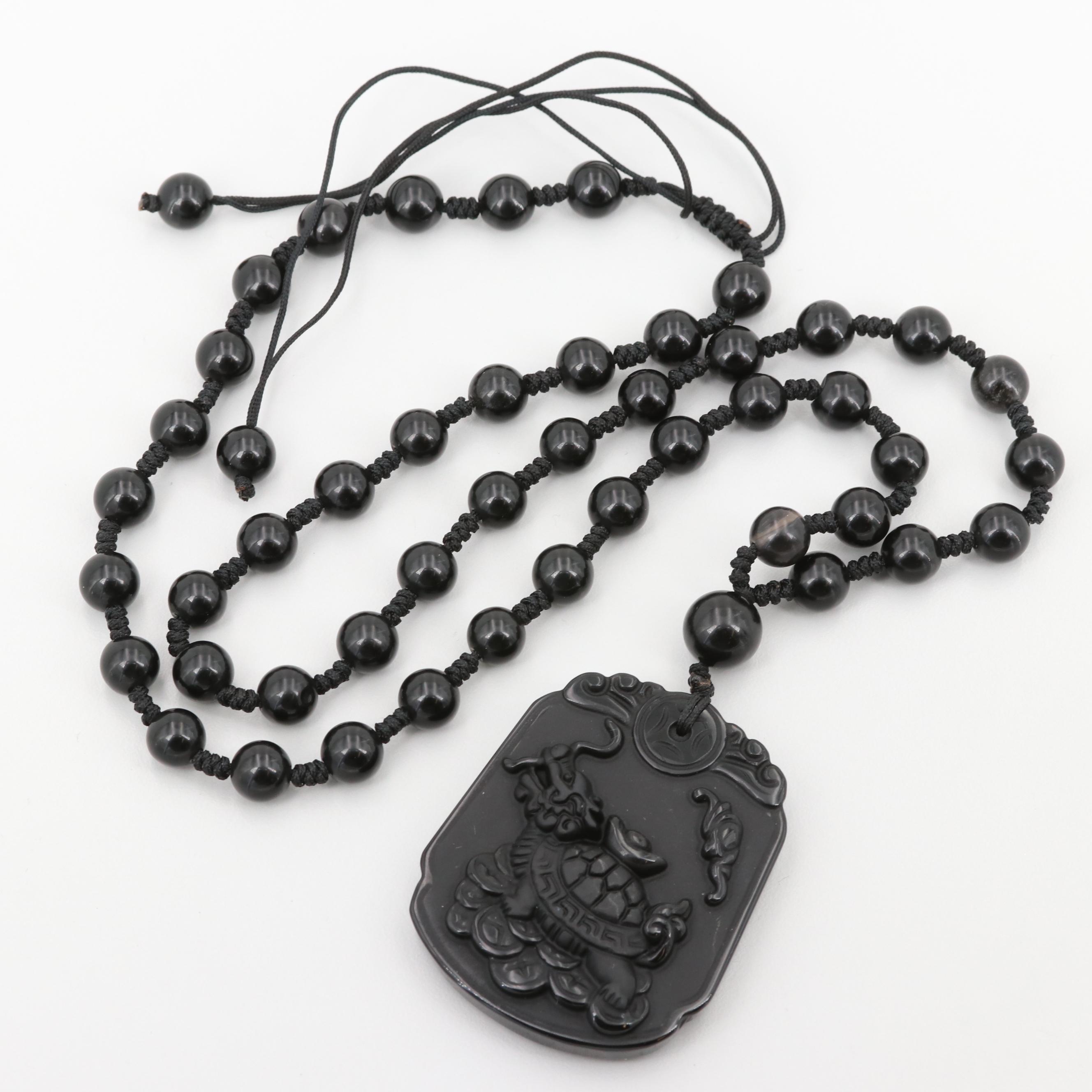 Chinese Carved Obsidian Dragon Turtle Beaded Necklace