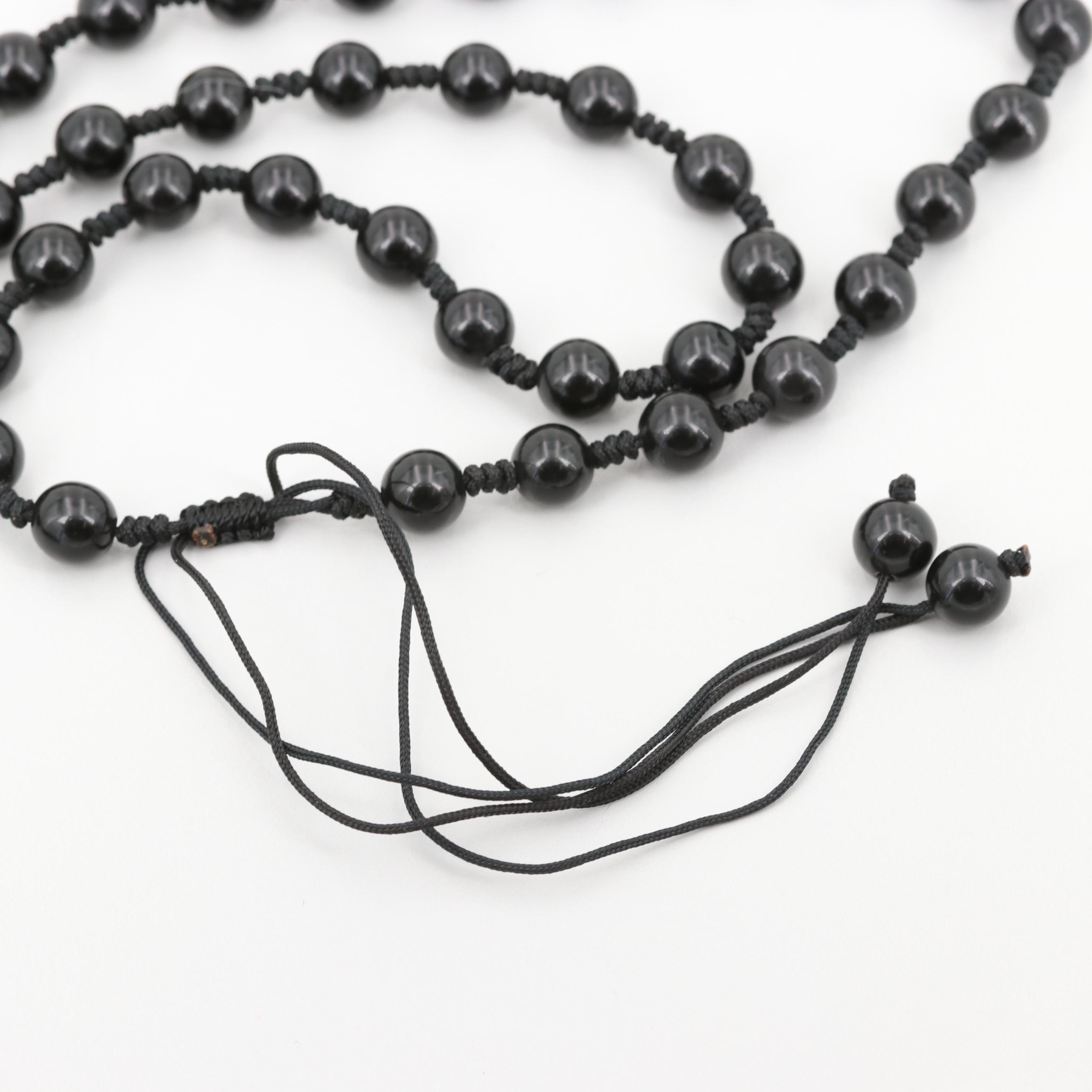 Chinese Carved Obsidian Dragon Turtle Beaded Necklace